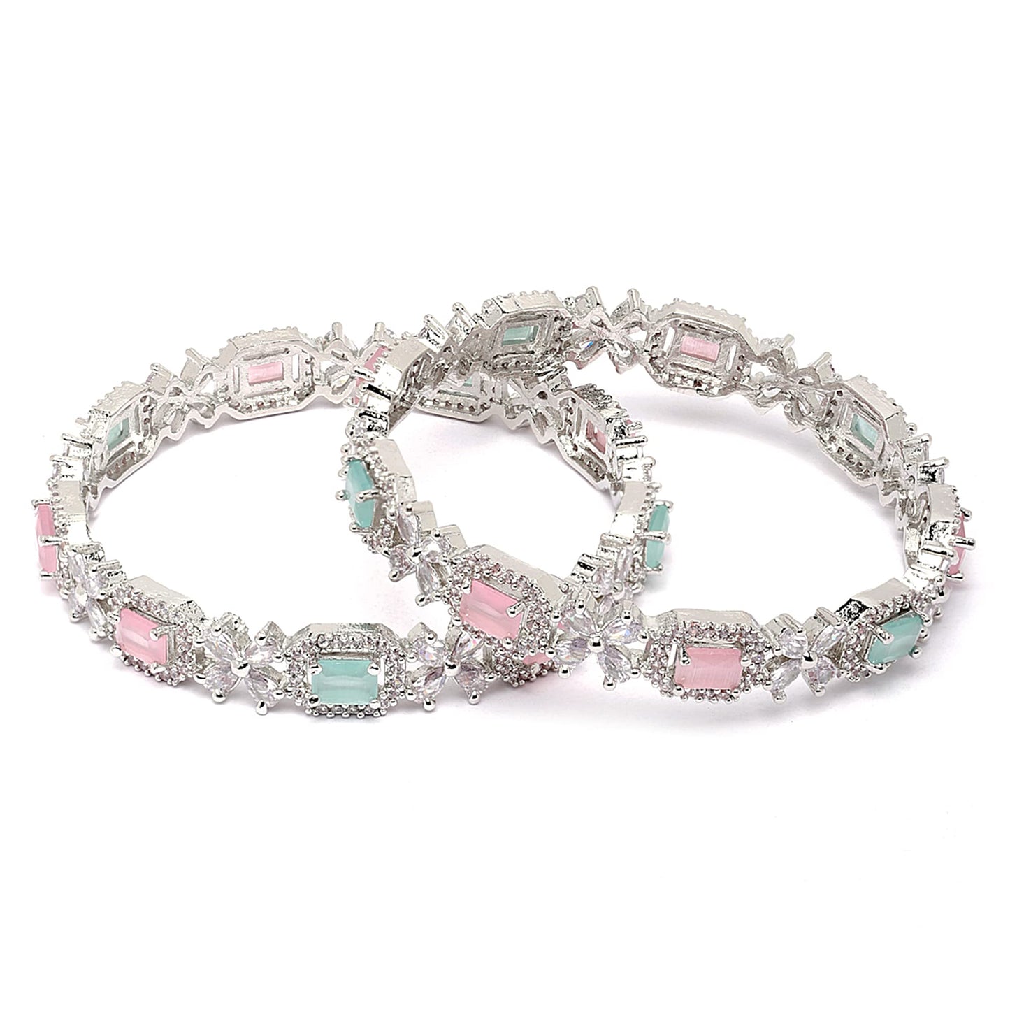 ZENEME Rhodium-Plated Silver Toned American Diamond Square Shaped studded Bangle Jewellery Set for Girls and Women (Set Of 2) (Design_01, 2.4)