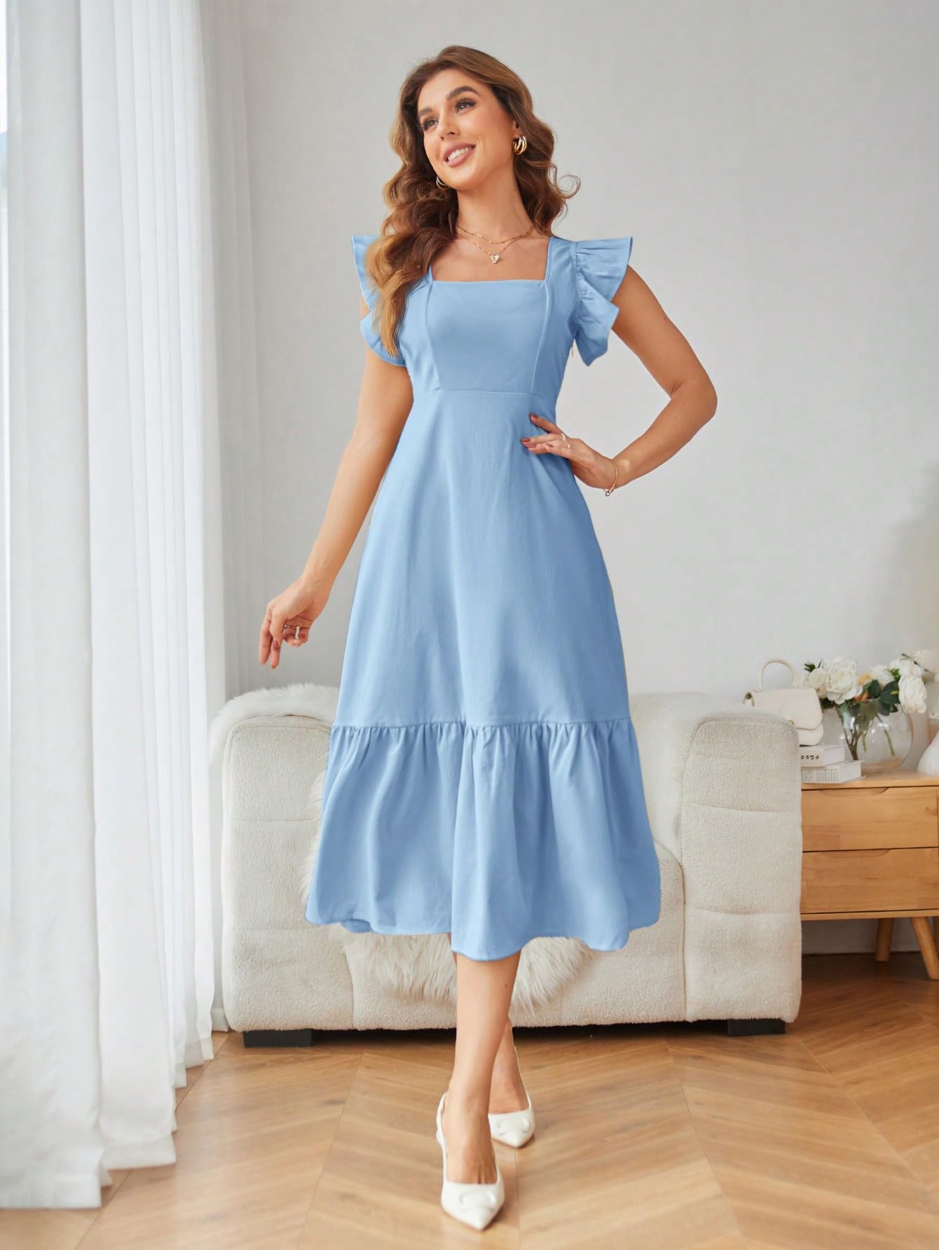 Shasmi Girl's & Women's Solid Baby Blue Color Square Neck, Ruffle-Trimmed Hem Sleeveless, Ruffle Armhole and Casual Dress with Cinched Waist Vacation Outfits Woman (Dress 162 Sky Blue-3XL)