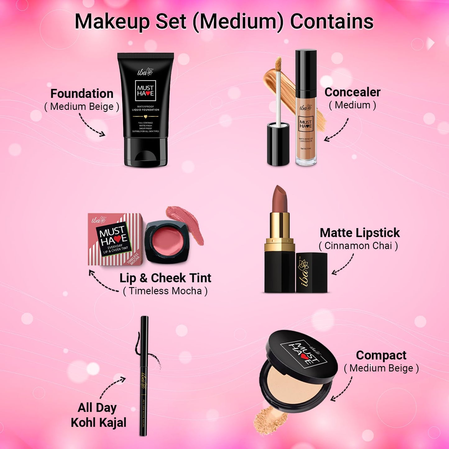 Iba Must Have Makeup Set (Medium) | Gifts for Women | Waterproof Foundation, Concealer, Matte Compact, Lip & Cheek Tint, Matte Lipstick, Smudge Proof Kajal | Makeup Kit for Women