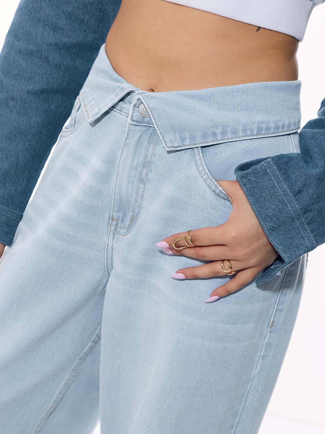 The Souled Store Baggy-Fit Denim: Cloudy Women and Girls Buttoned Waistband Light Blue Washed Cotton Denim Baggy Fit Asymmetric Crossover Waistband Lightweight Everyday Jeans