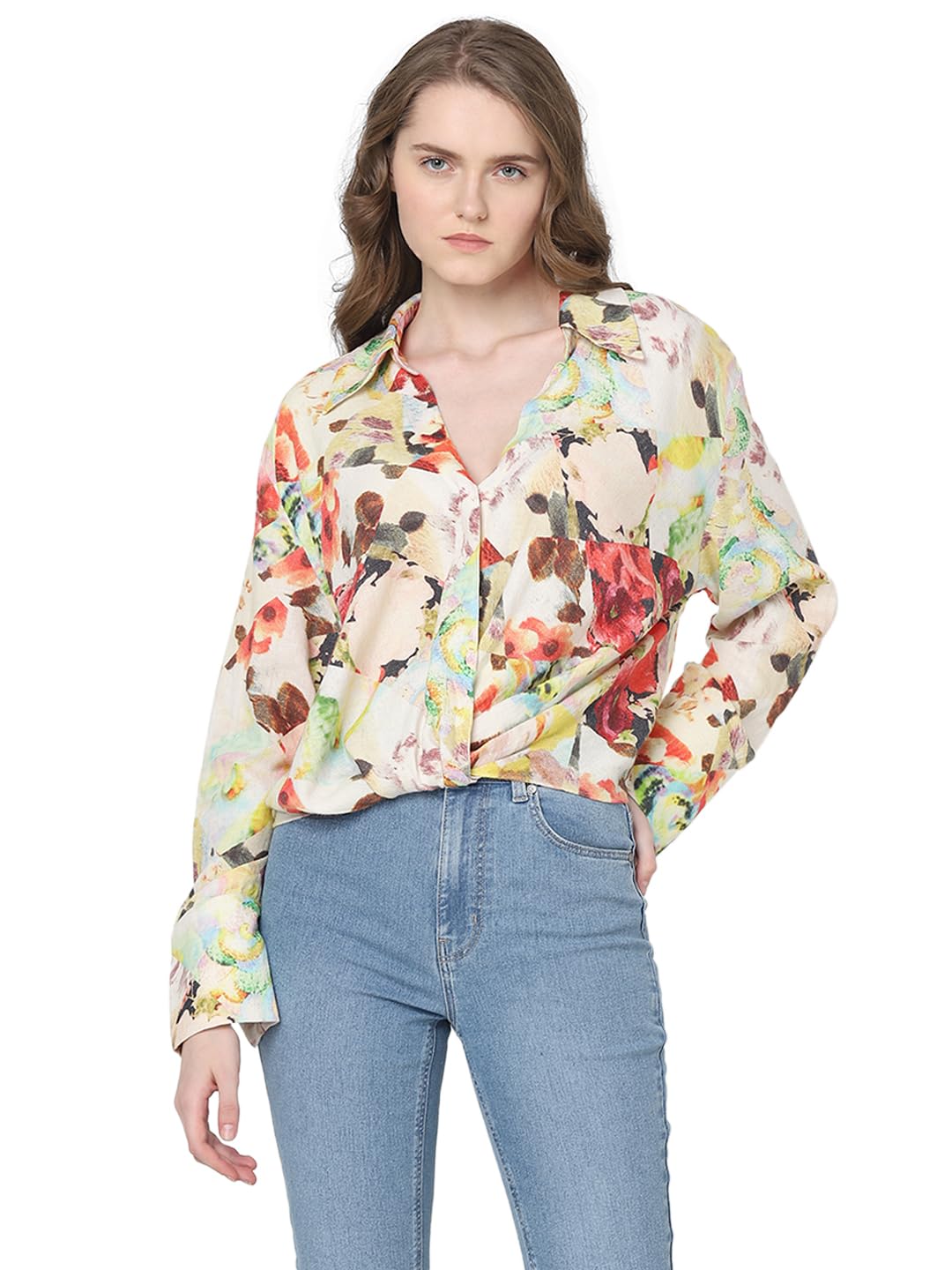 VERO MODA Women Floral Print Beige Viscose Regular Fit Shirt