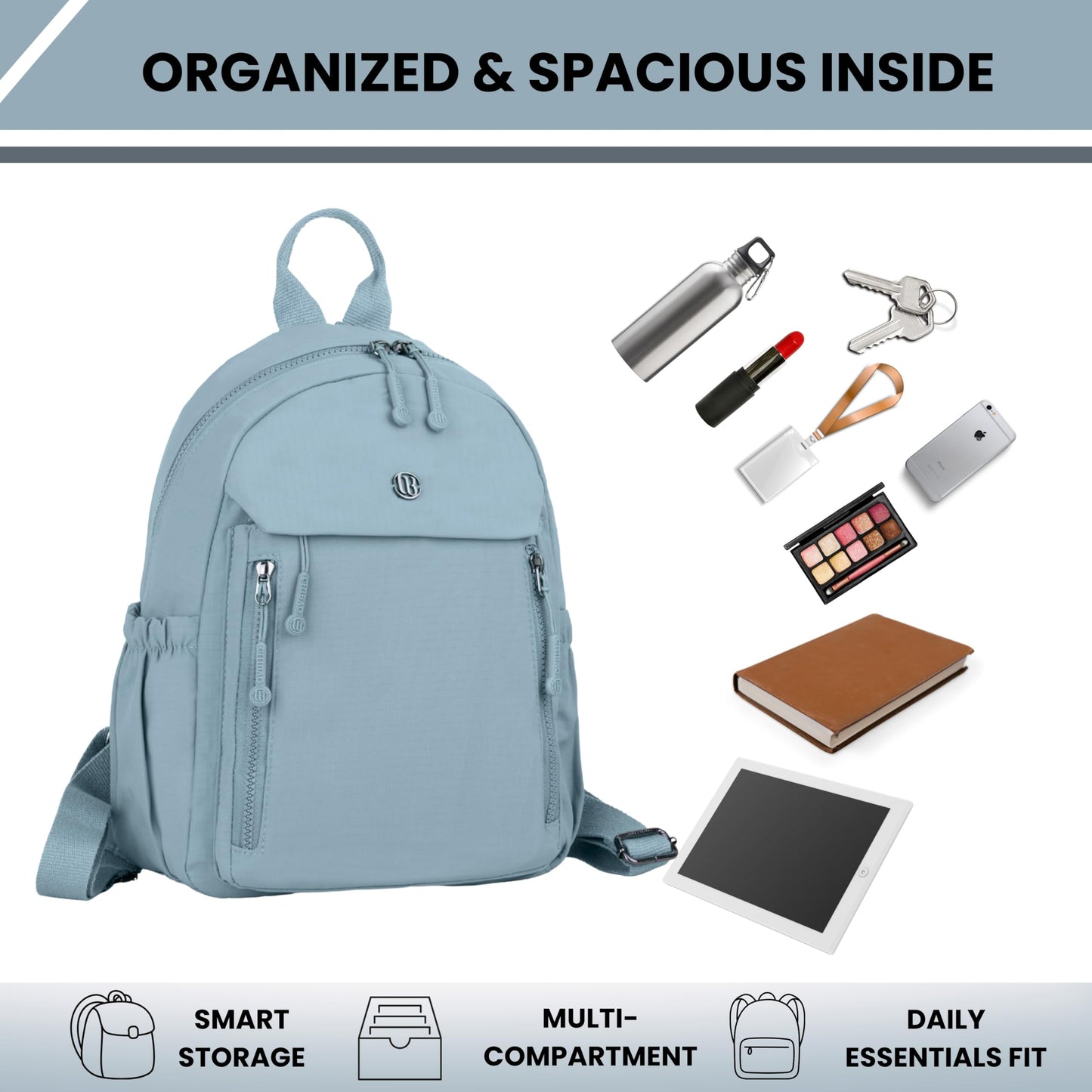 12o12 Women Backpack for College, Office, Travel, Daily Use, Outdoor, Lightweight Water Resistant Nylon Stylish Daypack Bag with Multiple Pockets, Adjustable Straps, Durable Zipper (Pastel Blue)