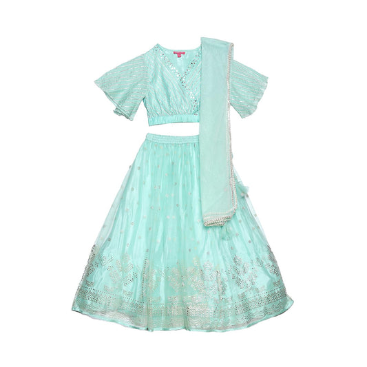 BIBA Girls Solid Polyester Blend Lehenga Set (KW5221_3_Green) (KW5221AW23MNT