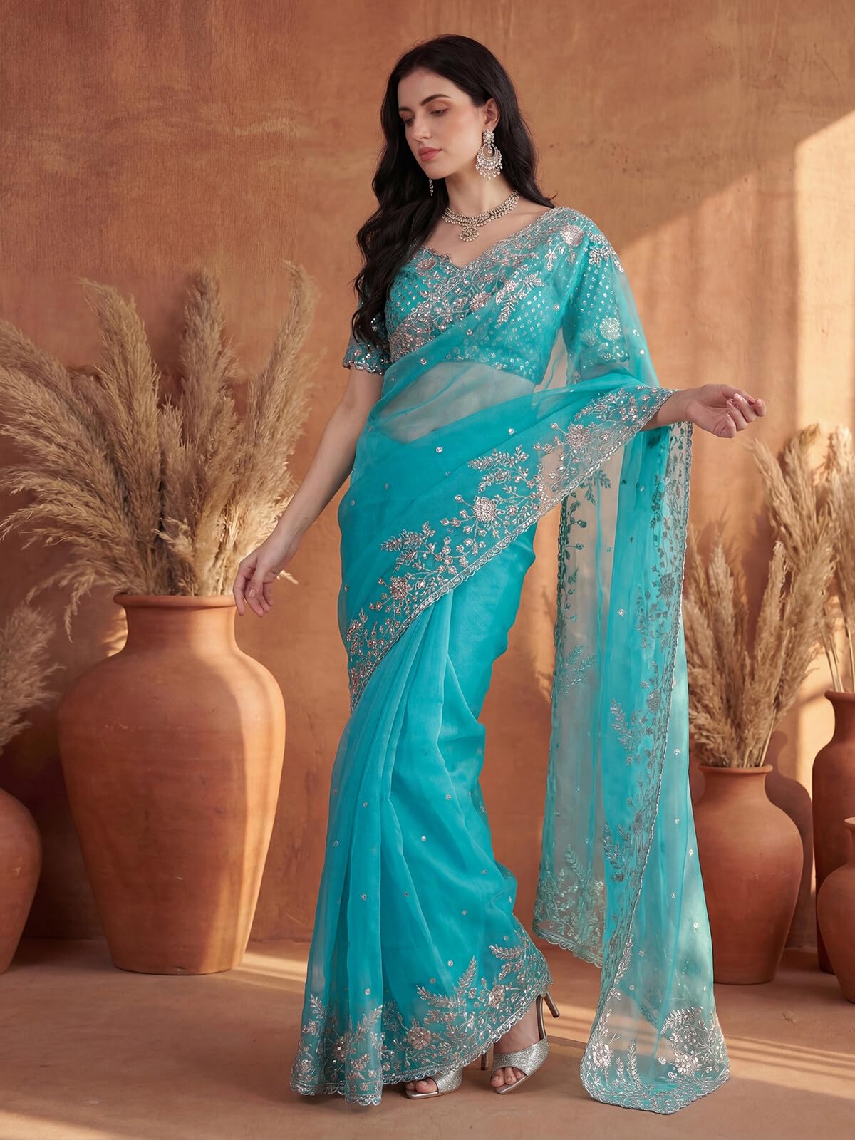 SIRIL Women's Organza Scalloped Border Embellished Sequins Embroidery Saree with Unstitched Blouse Piece (4472S118A_Turquoise Blue)
