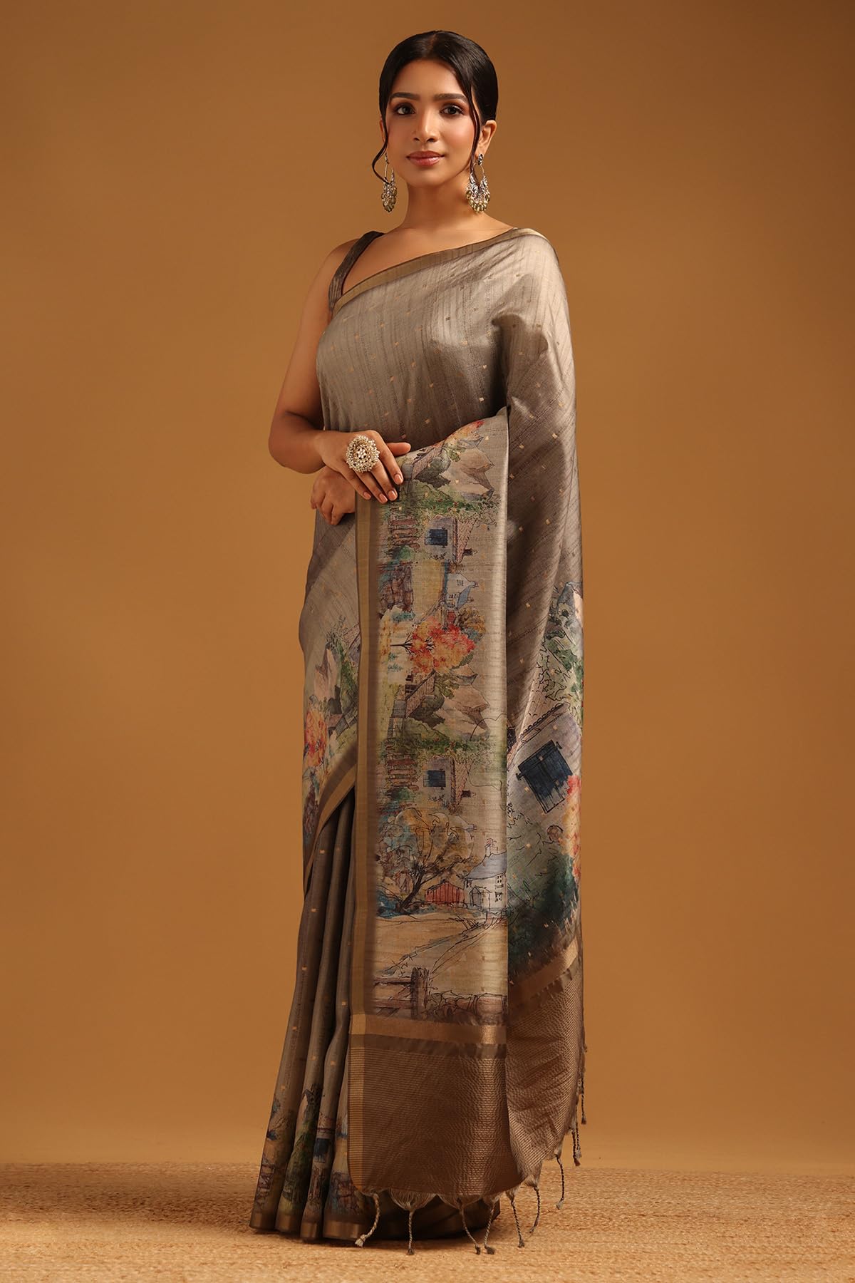 Soch Womens Olive Tussar Botanical Saree With Zari Woven