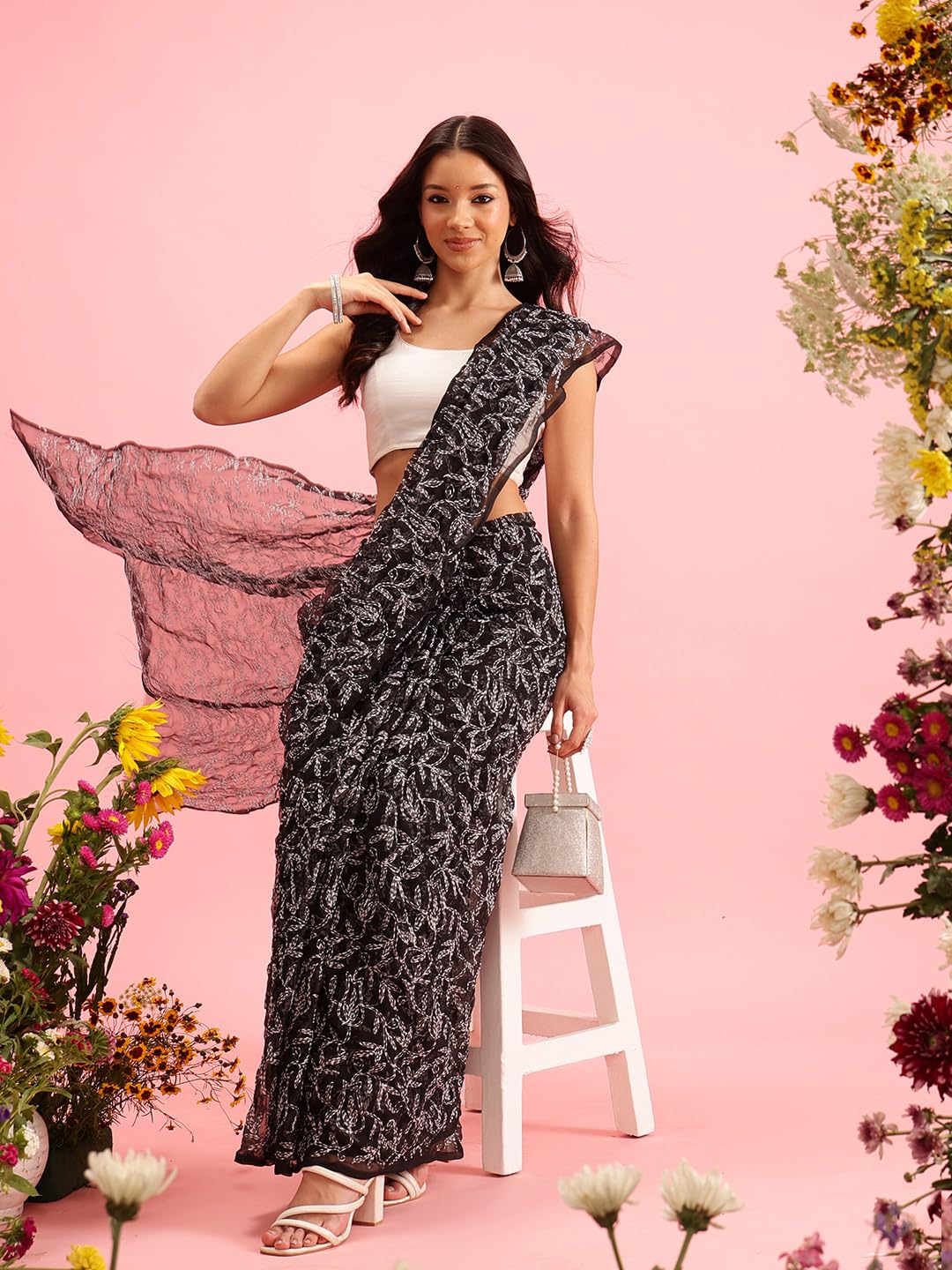 Ada Hand Embroidered Lucknowi Chikankari Georgette Saree for Women with Unstitched Blouse Piece A311376 Black