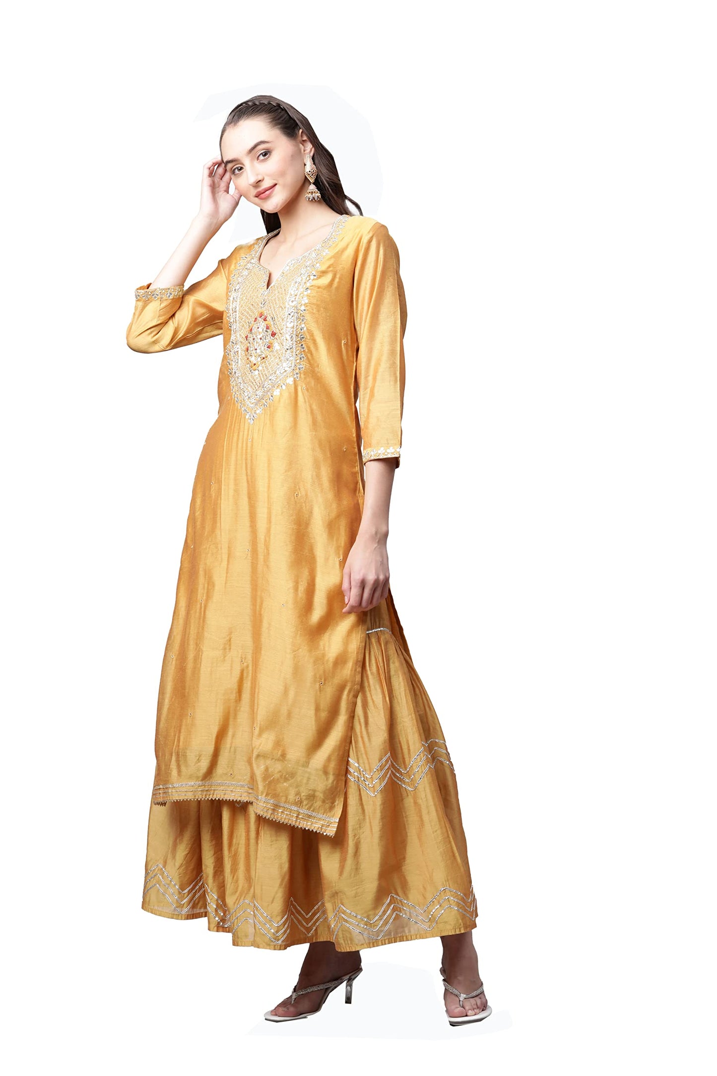 Divena Yellow Gold Solid Chenderi Kurta Sharara Set with Dupatta-DK0738-S
