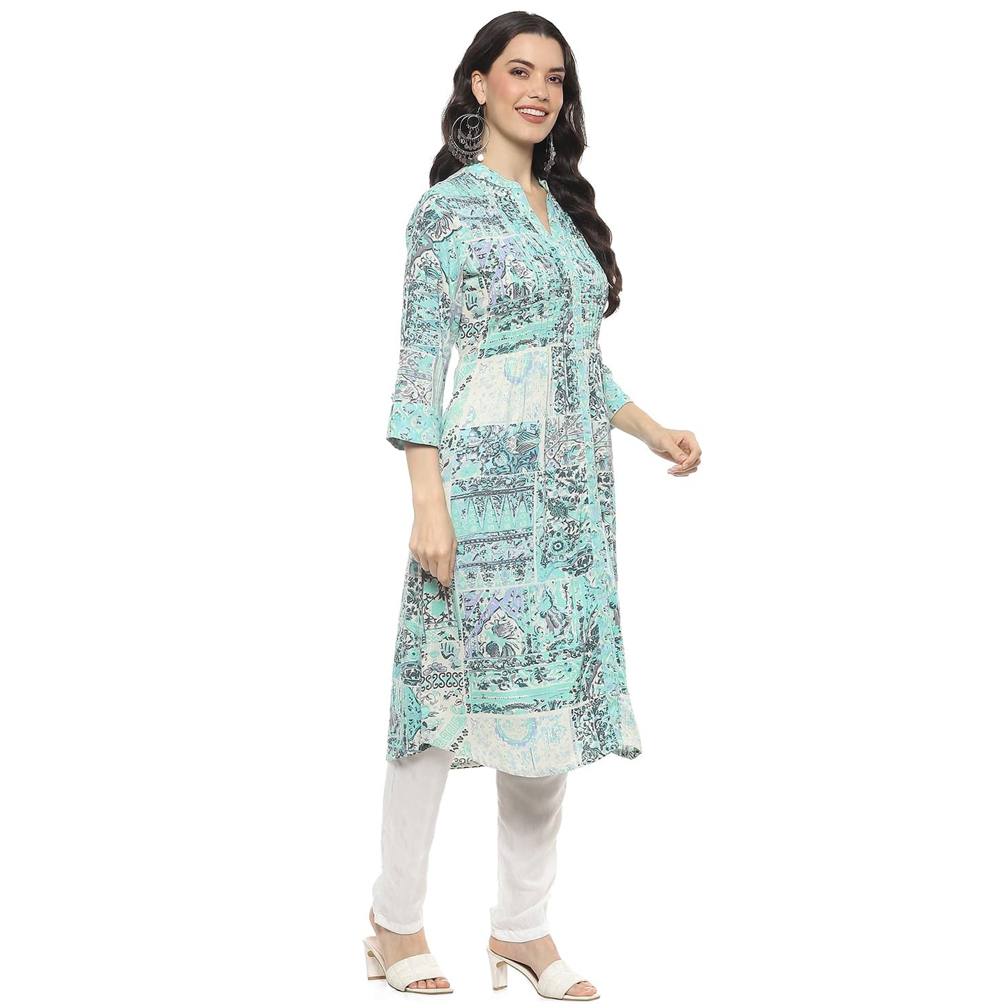 BIBA Regular Women Viscose Printed Kurti (SANGANERPATCHWORK20153SS24MINTBLU_Blue