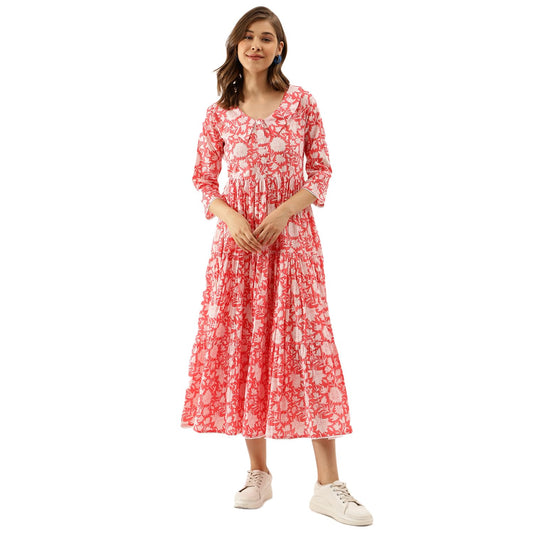 Divena Pink Floral Printed Cotton Ethnic Dress for Women