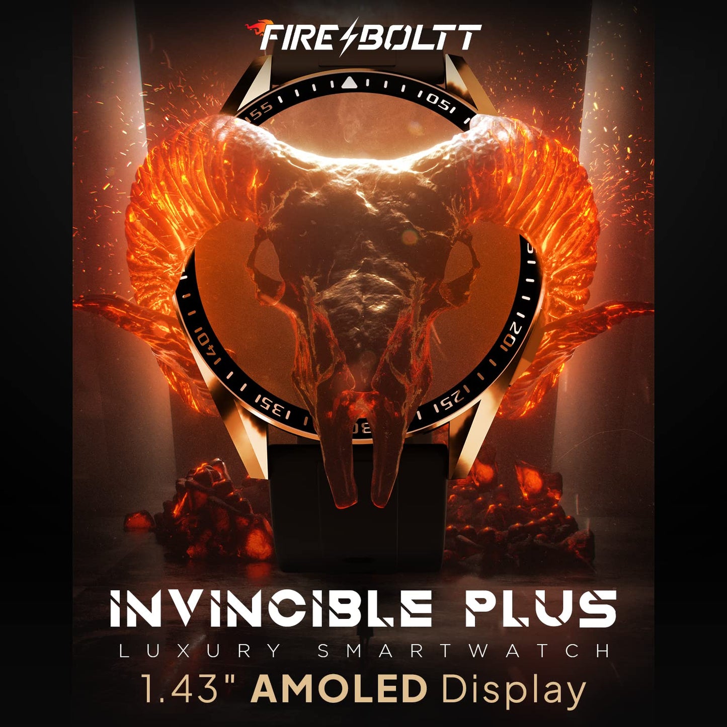 Fire-Boltt Invincible Plus 1.43" AMOLED Display Smartwatch with Bluetooth Calling, TWS Connection, 300+ Sports Modes, 110 in-Built Watch Faces, 4GB Storage & AI Voice Assistant (Gold Black)