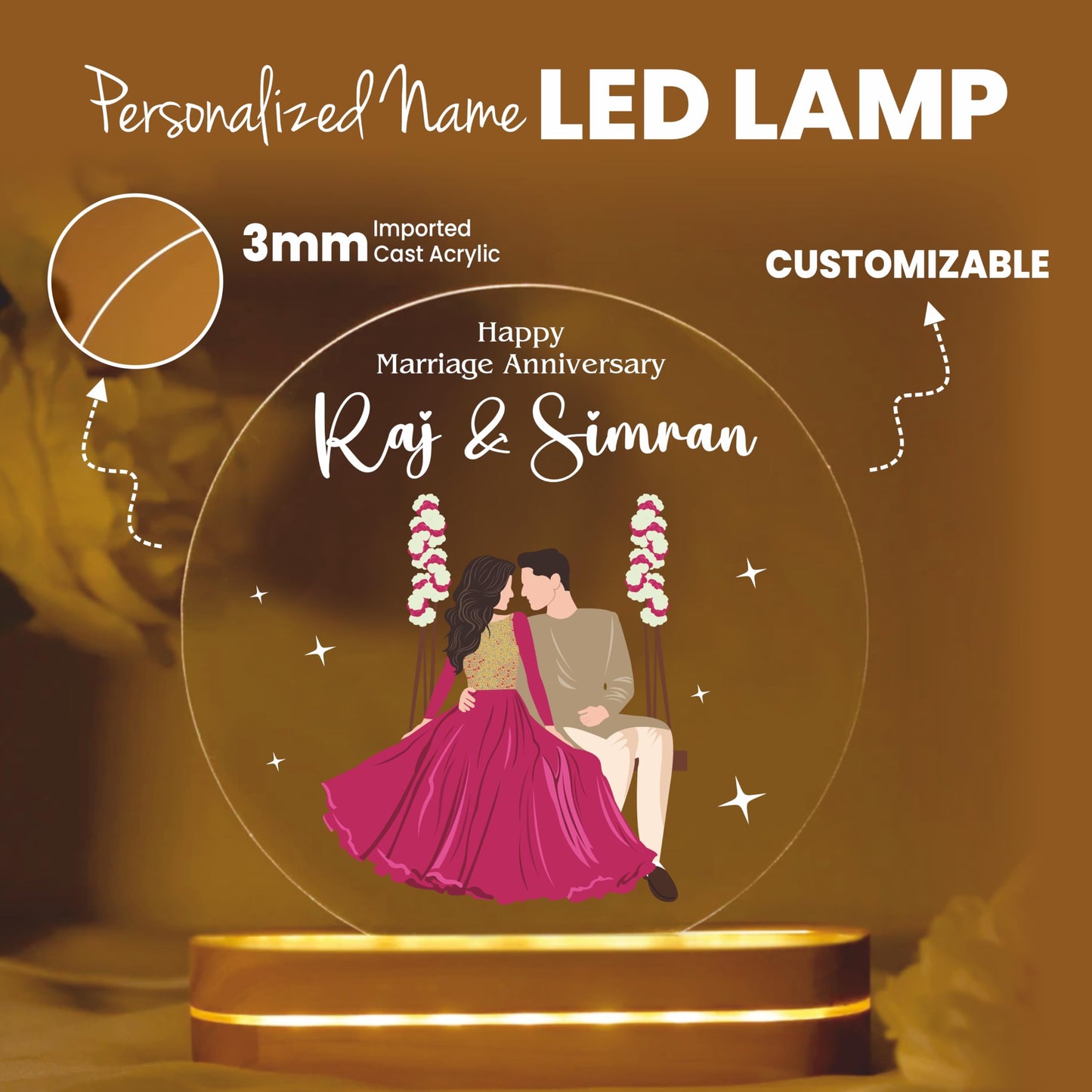 PRINTHUA Plastic Personalized LED Night Table Lamp with Custom Name,Unique Gift for Women,Men,Kids,Girlfriend,Boyfriend,Husband,Wife|Perfect for Birthdays,& Special Occasions (Cute Couple),Multi Color