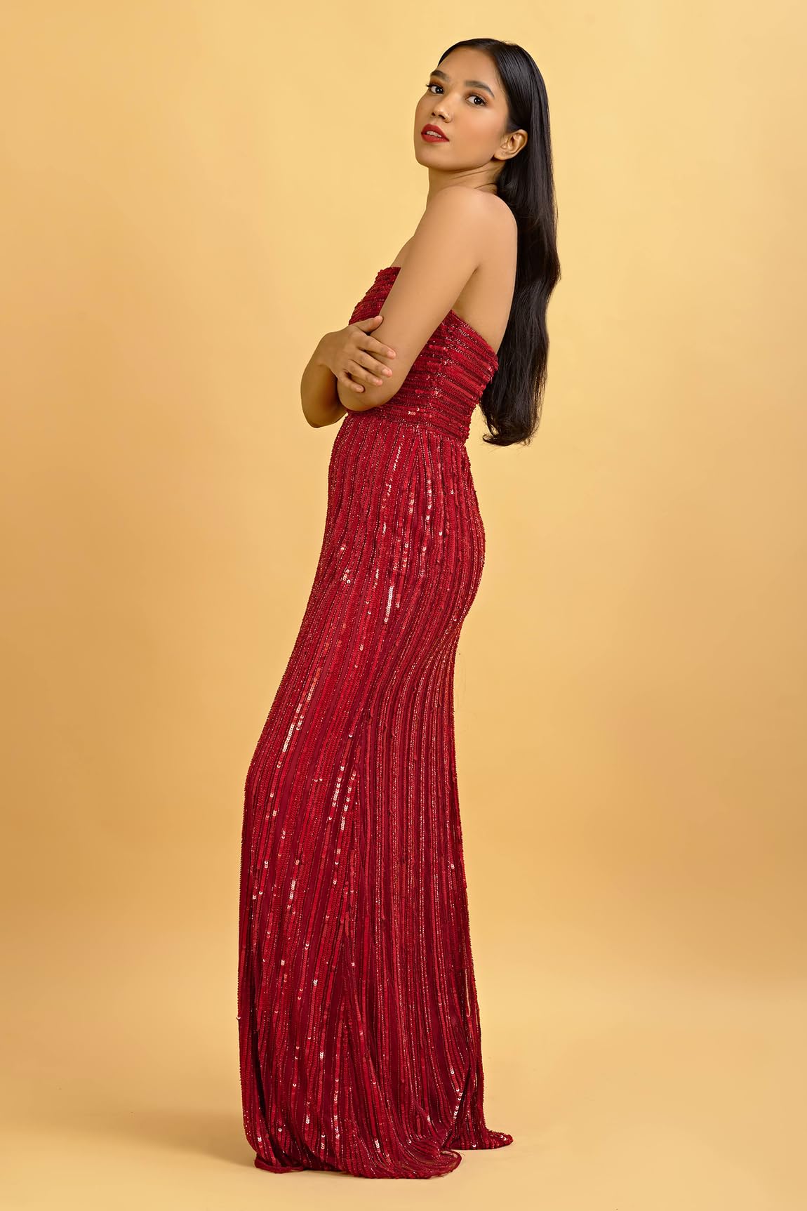 HarLiv Red tube neckline straight flow gown with all over sequins embroidery