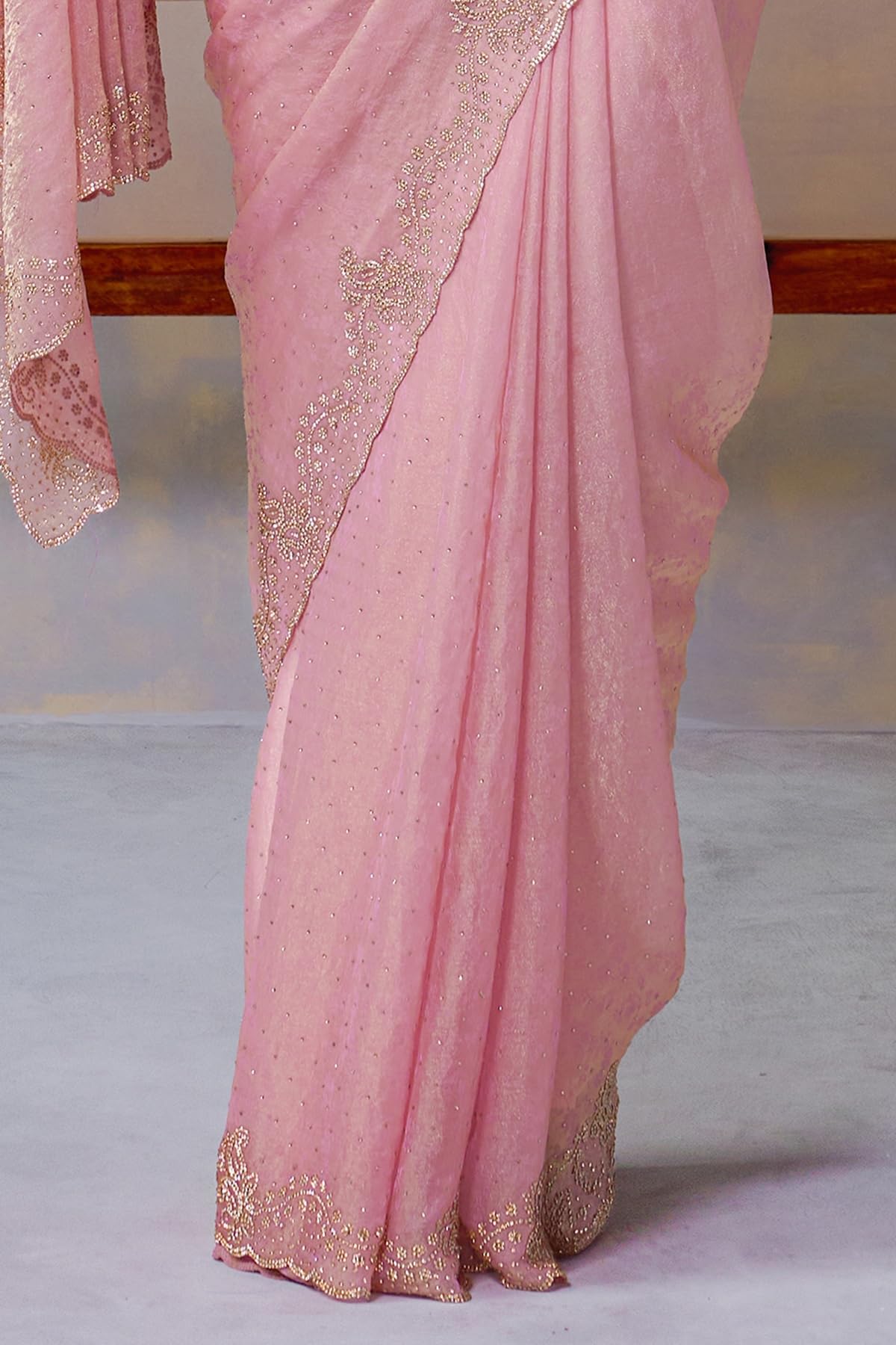 Soch Womens Blush Pink Fendy Chiffon Embellished Saree With Stone Work