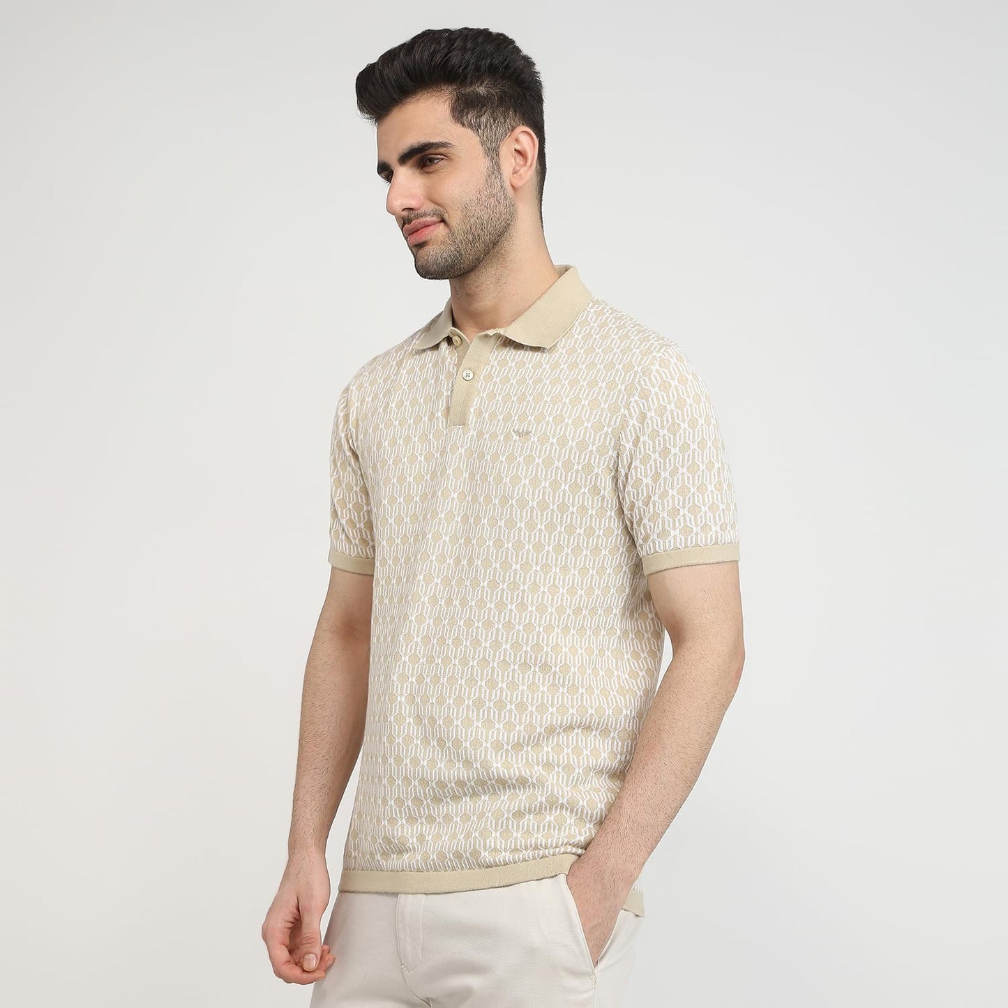 Park Avenue Men Slim Fit Solid Pattern Pure Cotton Half Sleeve Riviera Collar Casual T-Shirt (Size: 40)-PCKB01442-F3 Medium Fawn