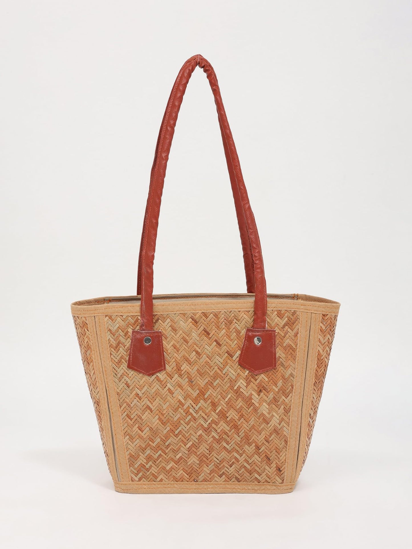 Exotic India Designer Bamboo Tote Hand-Woven Texture Eco-Conscious Summer Carryall and Versatile Casual Bag for Women's, Bruschetta, Medium