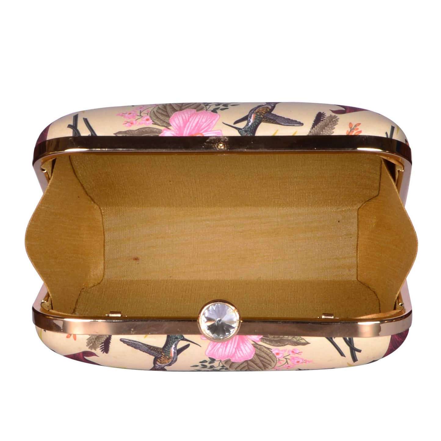 Artklim Beige Flower & Birds Print Hand Clutch for Women & Girls - Box Handbag with Chain Strap - Designer Evening Purse - for Wife