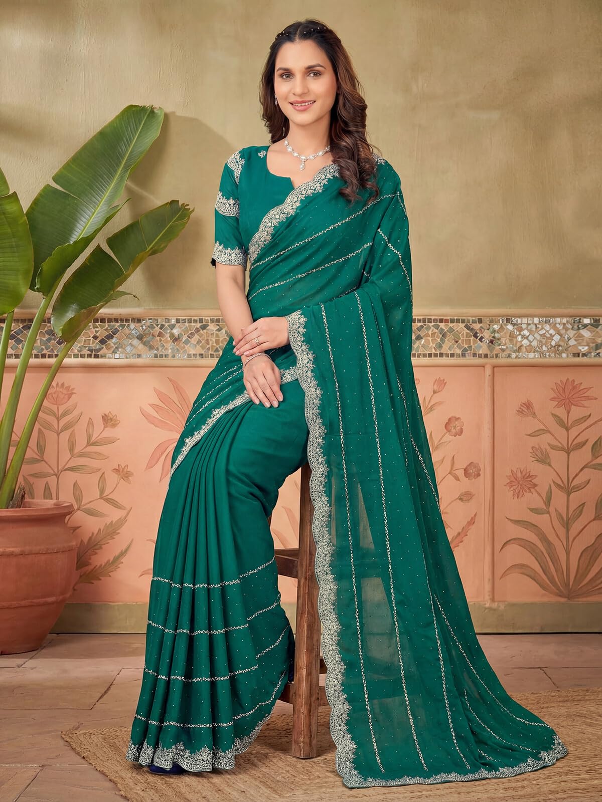 SIRIL Women's Shimmer Georgette Scalloped Border Stone Work Embroidery Saree with Unstitched Blouse Piece (4925S612A_Teal Green)