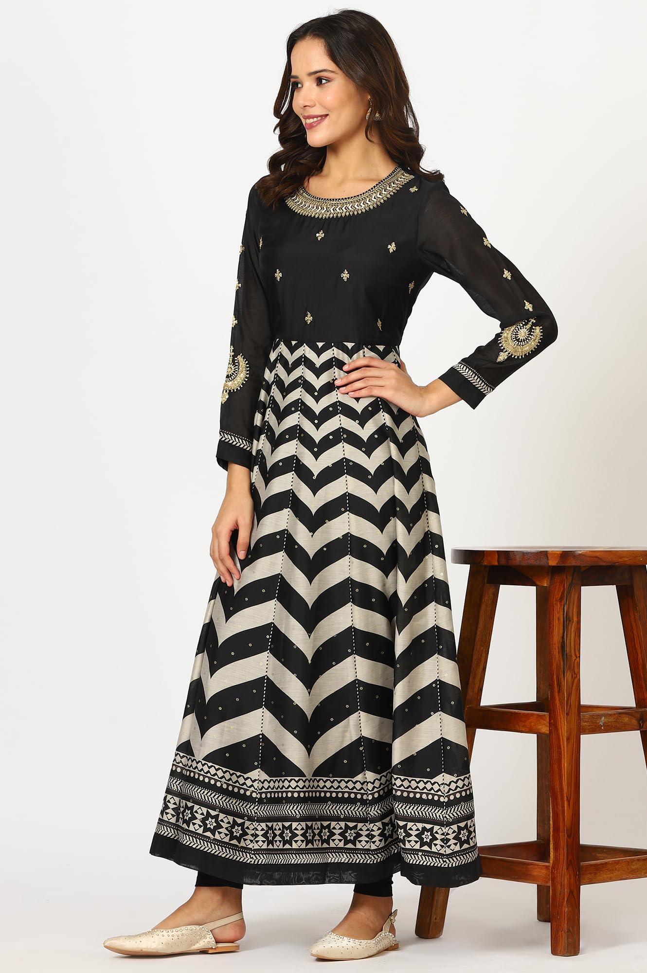 W for Woman Black Chevron Printed Embroidered Chanderi Anarkali Kurta, Tights and Duptta Set (Size: XXL)-24AUSP11666-124621