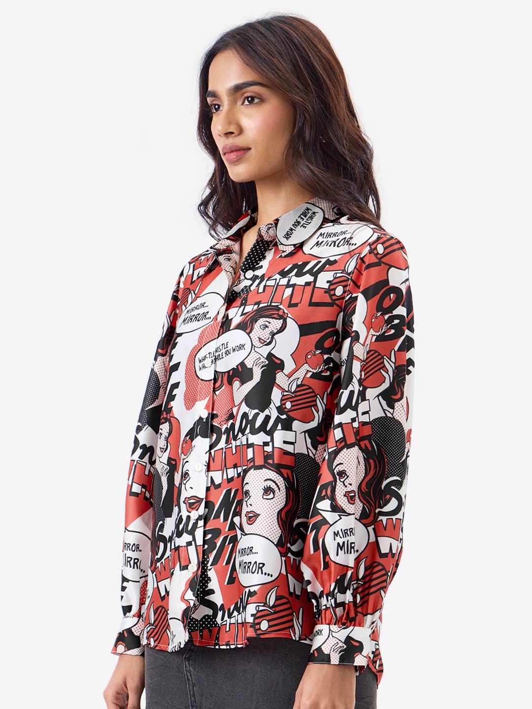 The Souled Store Official Snow White Women and Girls Ballon Sleeve Collared Neck Button Front Multicolor All Over Print Regular Fit Polyester Satin Shirts