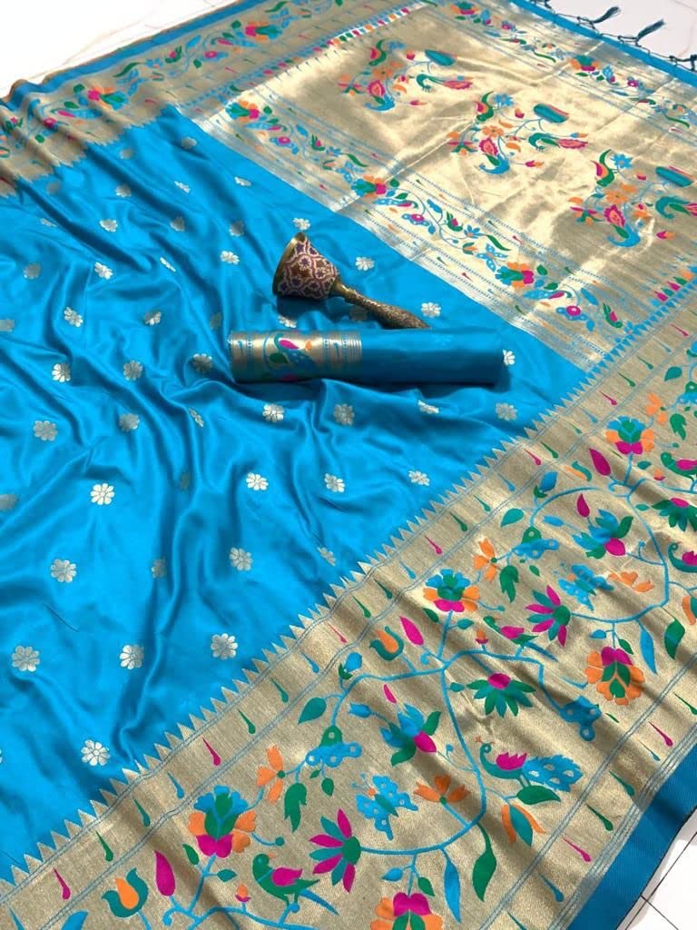 Pandadi Saree Women's Paithani Silk Saree With Blouse Piece (371PS1_Blue)