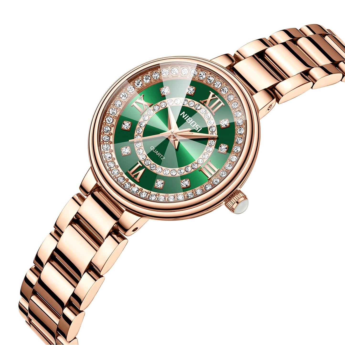 NIBOSI Women Watches Rose Gold Stainless Steel Analog Quartz Luxury Diamond Latest Watch for Ladies Luxury Stylish Waterproof (Rose Green)