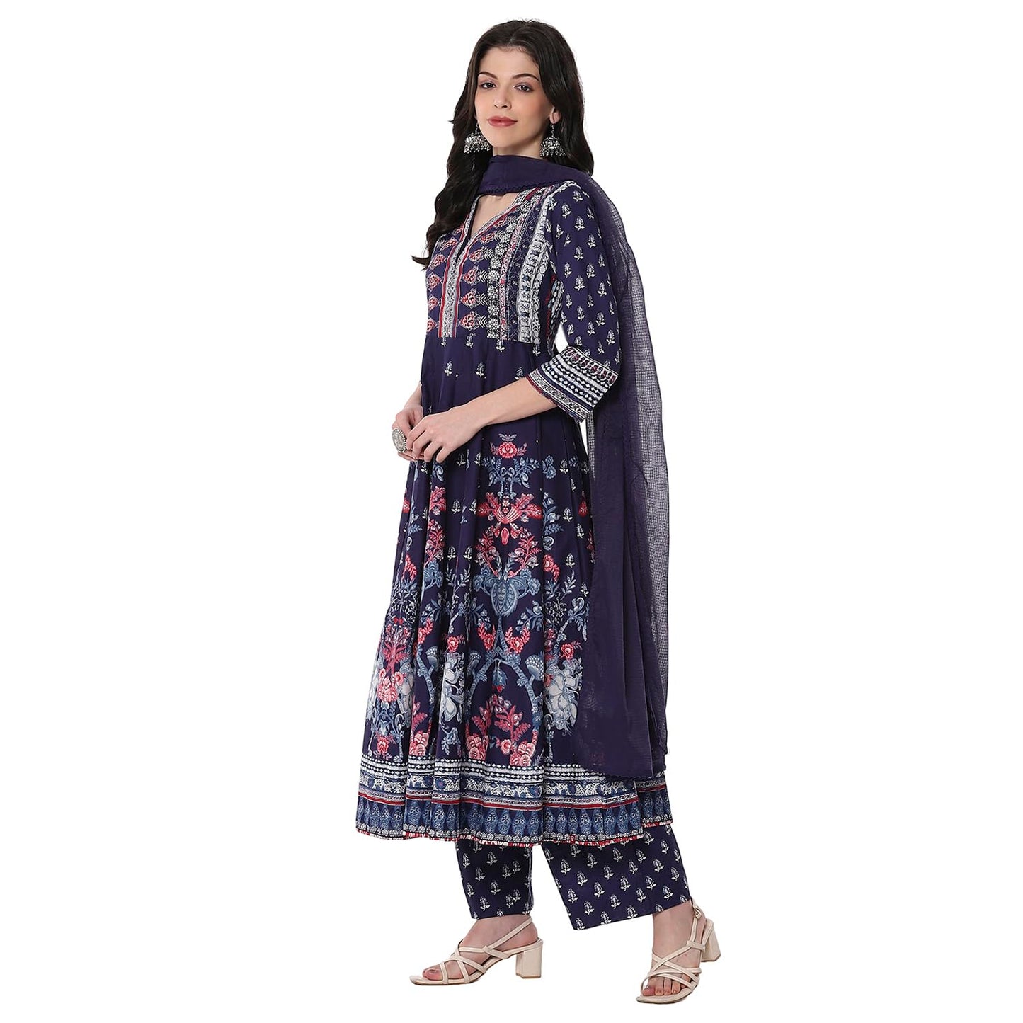 Biba Women's Cotton Kurta, Bottom, Dupatta (SKDCHZ10836SS25OWHT_Blue