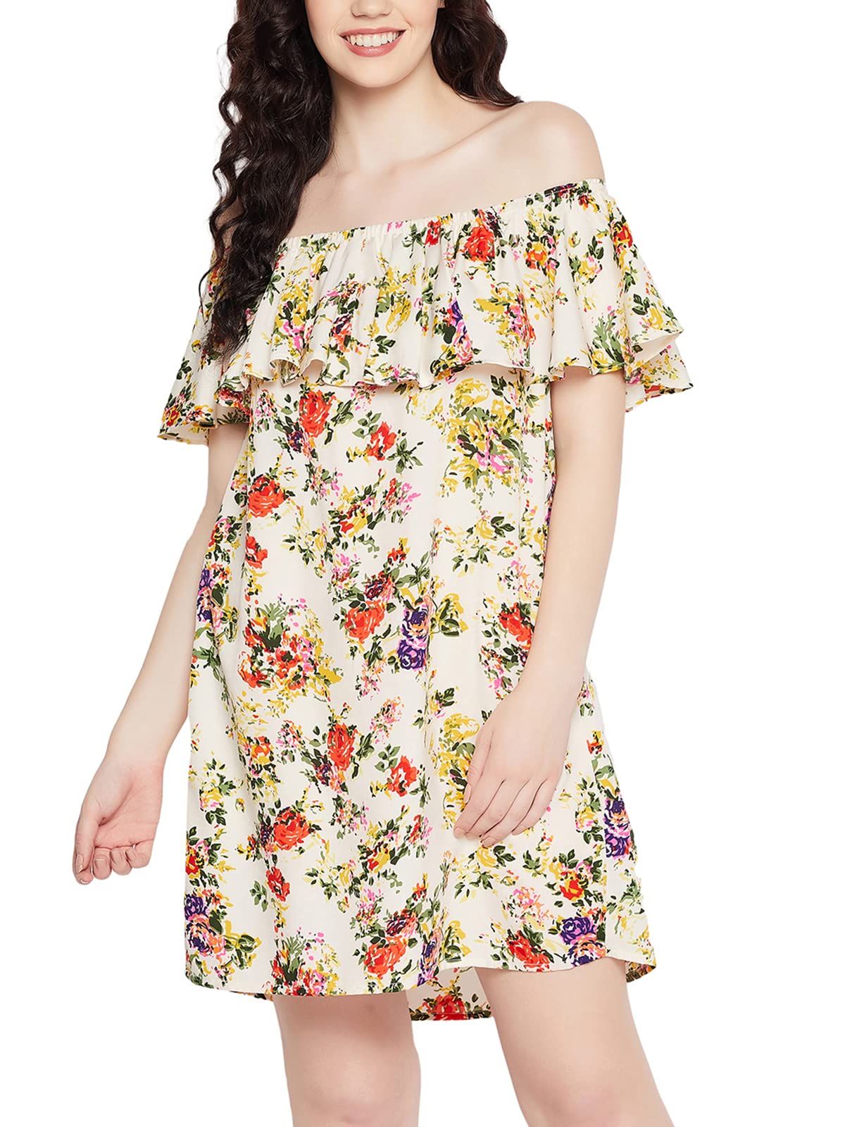 Clovia Women's Crepe Pretty Florals Resortwear Bardot Dress (RW0018P18_White_S)