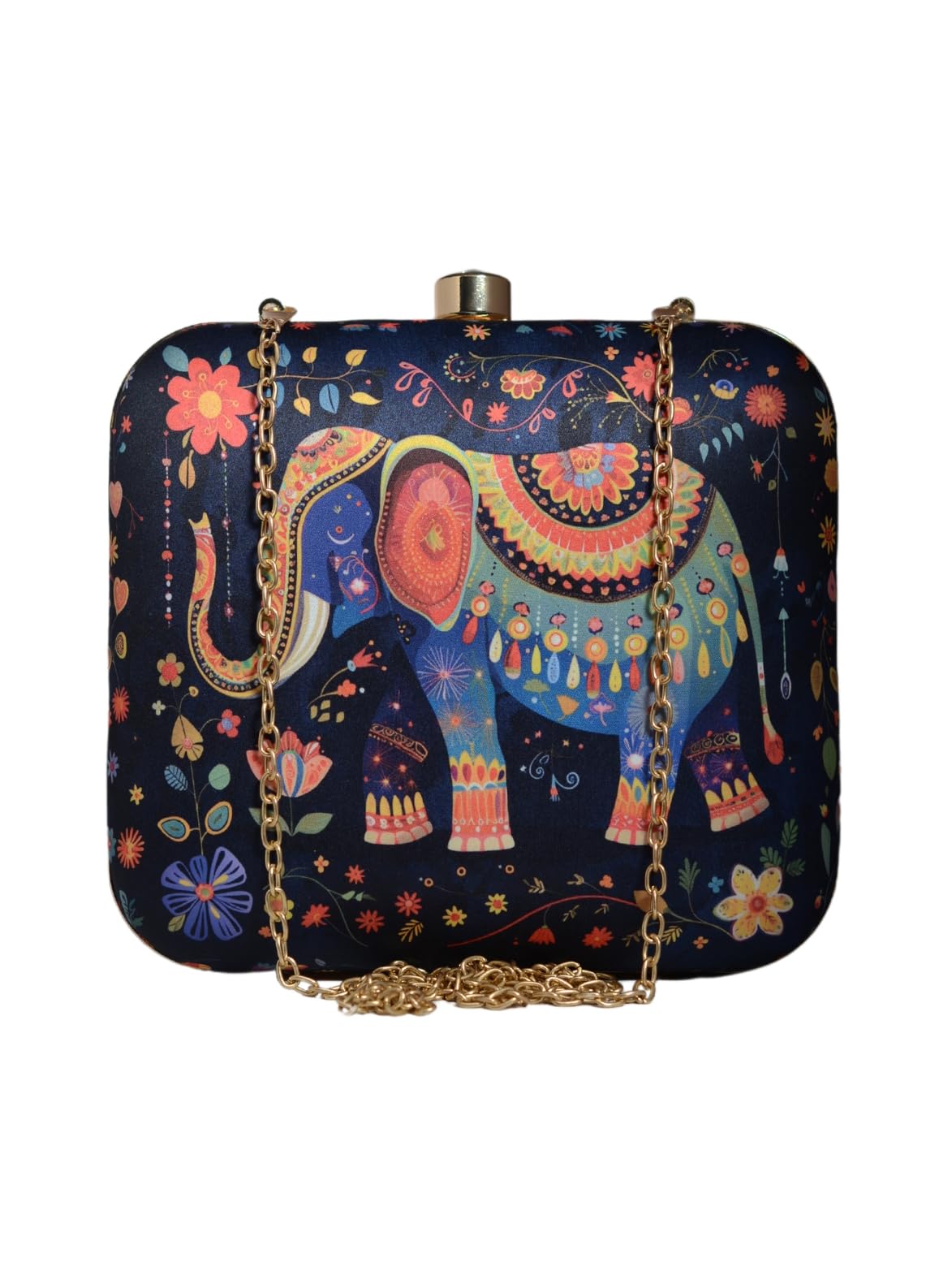 Artklim Women’s Elephant Printed Clutch Bag | Ladies Evening Clutch Purse for Casual Outings, Party Bridal and Wedding Use | Stylish Ethnic Handbag with Detachable Chain Strap (Multicolor)