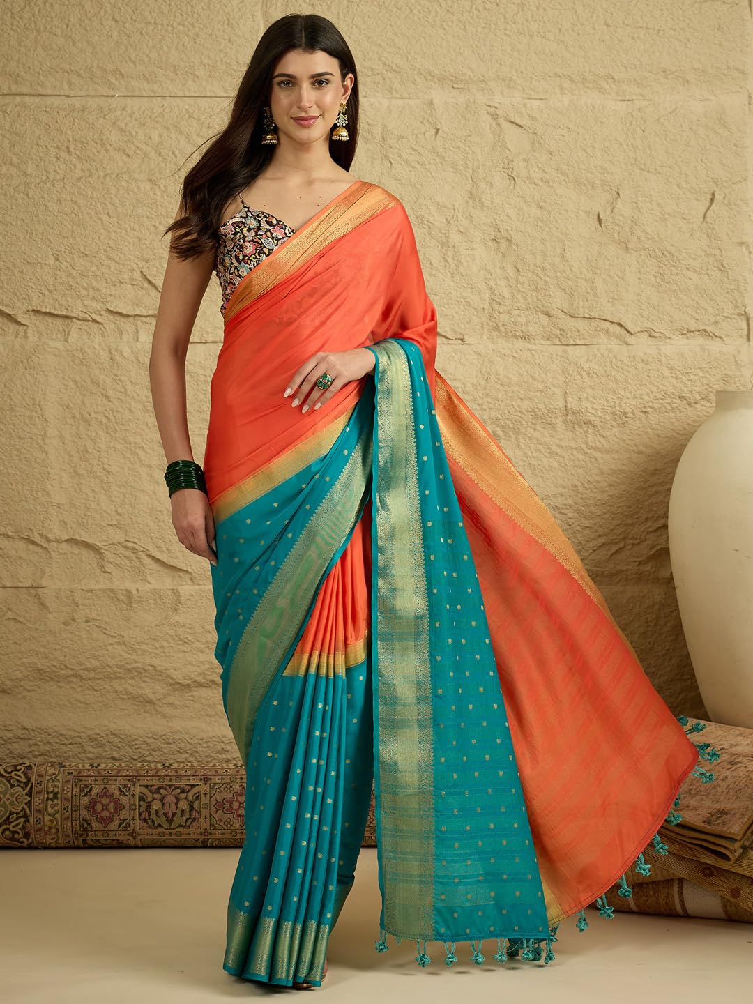 AKHILAM Women's Orange Mysore Silk Zaributta WovenDesign TasselsandLatkans Saree With Unstitched BlousePiece | saree for woman | Designer Saree for Women | Soft and Skin Friendly