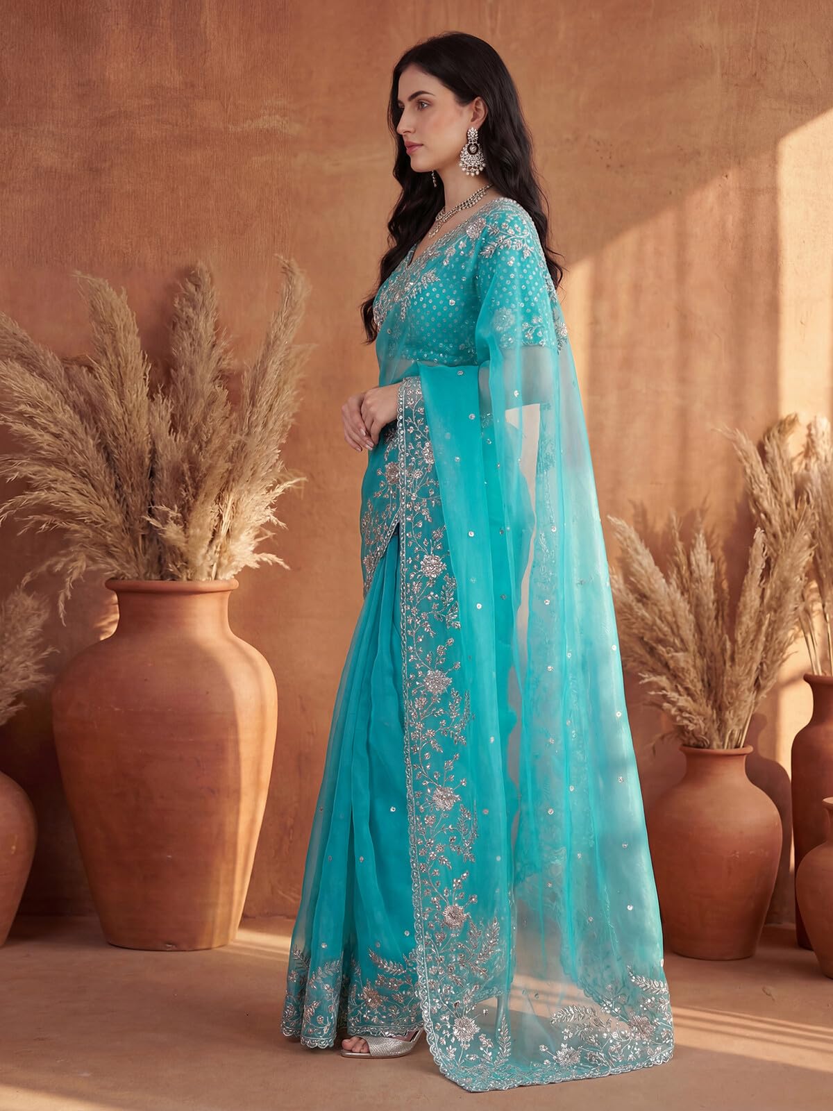 SIRIL Women's Organza Scalloped Border Embellished Sequins Embroidery Saree with Unstitched Blouse Piece (4472S118A_Turquoise Blue)