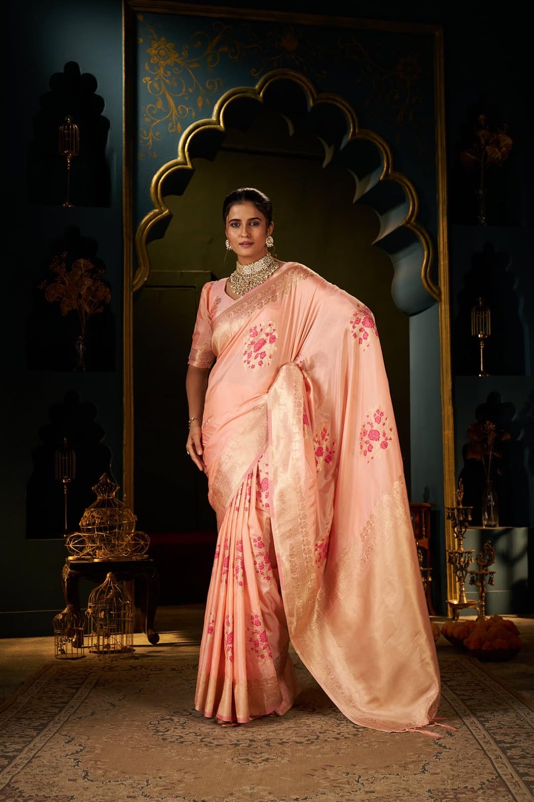 SWORNOF Women's Banarasi silk Saree With Unstitched Blouse Piece (PEACH)