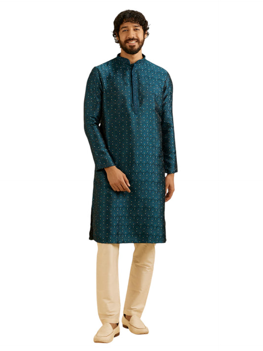 Manyavar Men's Brocade Self Design| Stone Work Kurta Set (Blue,L)