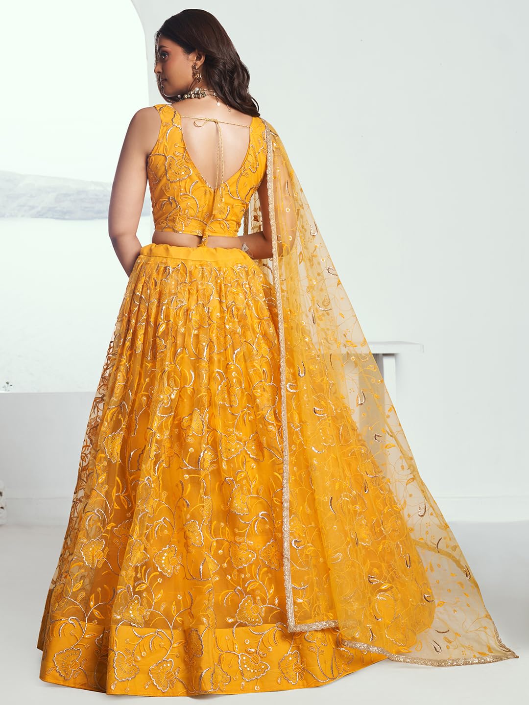 Zeel Clothing Women's Cotton Thread Sequins Work Embroidery Soft Net Readymade Lehenga Choli Set With Dupatta (Nfh-2204-Yellow-Women-Lehenga-Choli-Latest; Free Size)