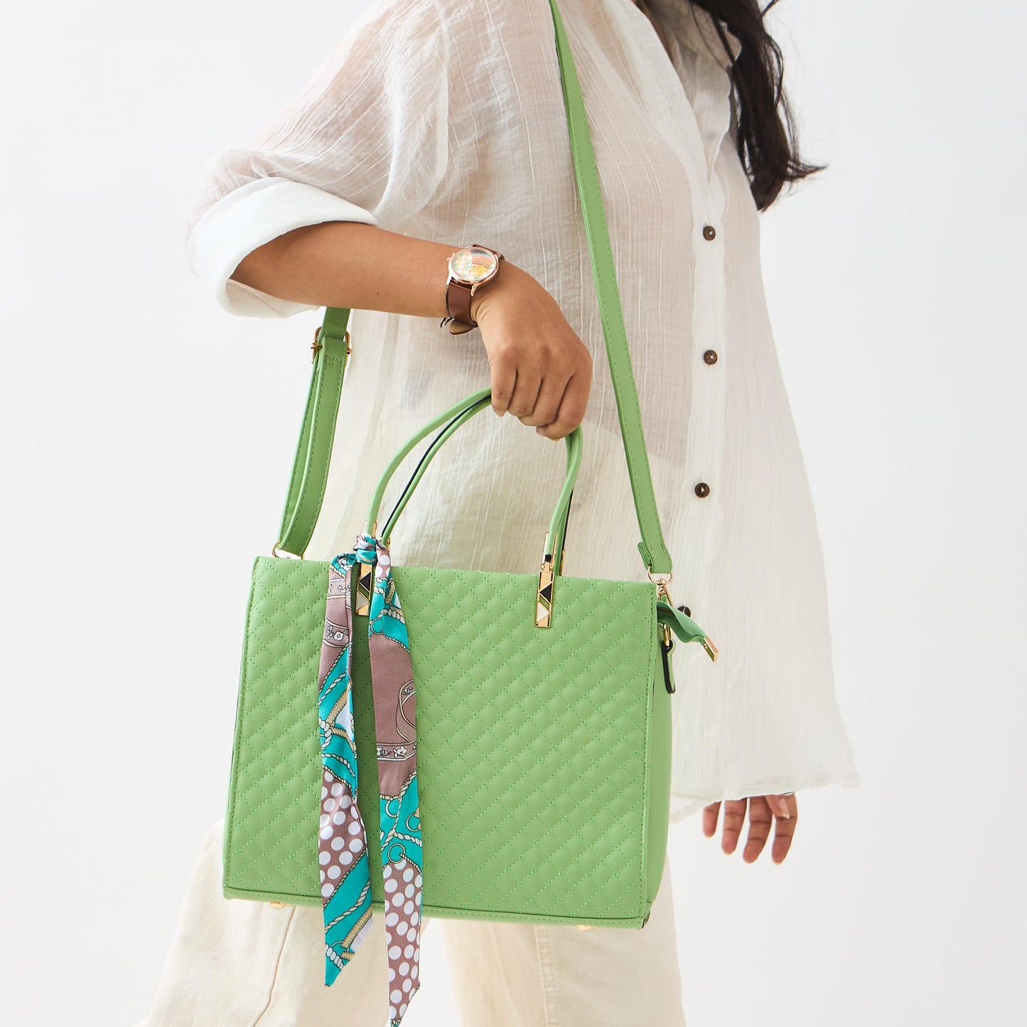 Chumbak Sage Quilted Handbag with Scarf, Sage Green, Multipurpose Hand Bag with Pouch for Shopping, Hand Held Bag for Women and Girls, Solid Colour Handbag