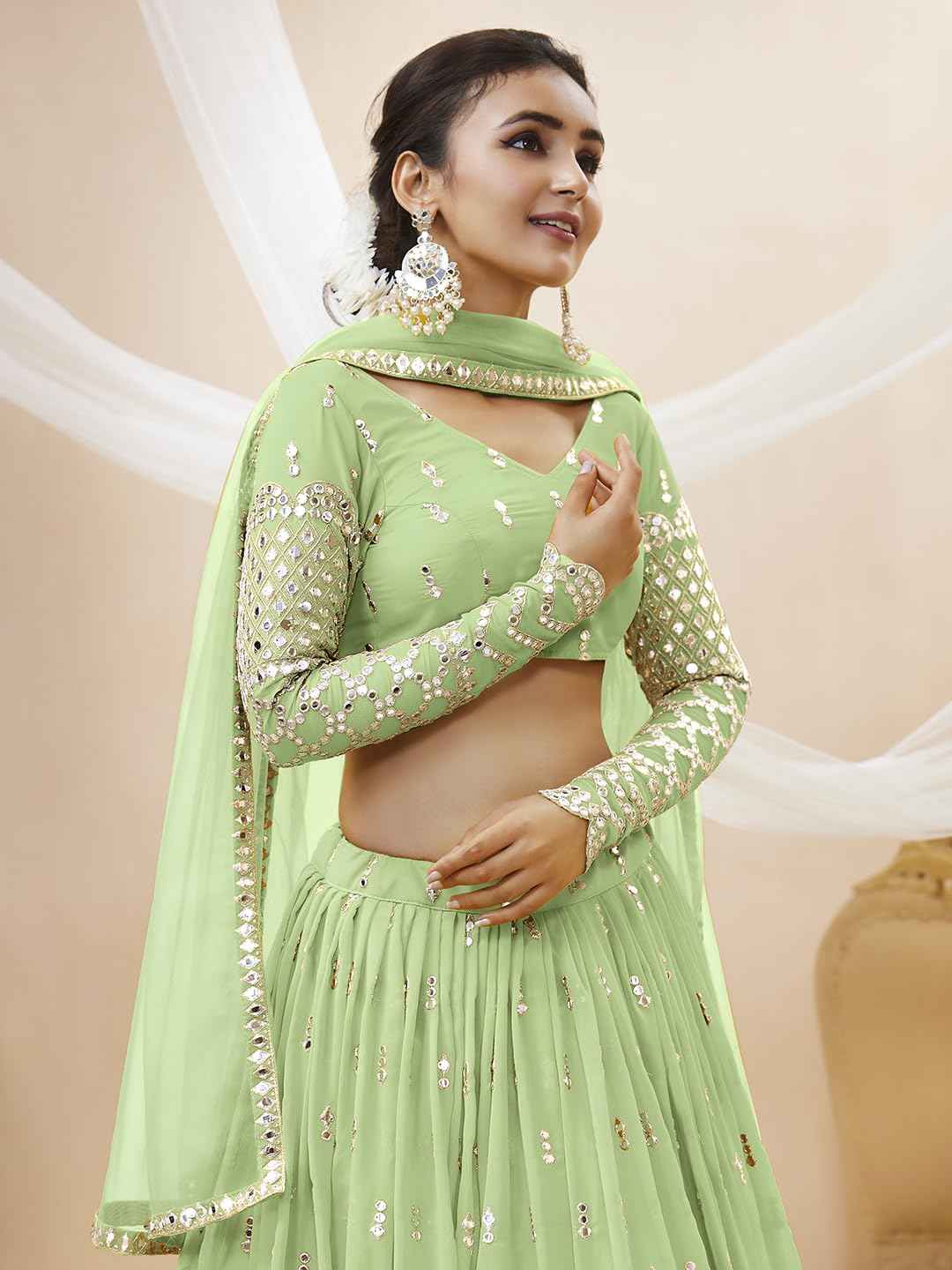 Zeel Clothing Women's Sequins Zari Embroidered Georgette Semi Stitched Lehenga Choli With Dupatta (311-Pista-Wedding-Bridal-Latest-New; Free Size) (Pista)