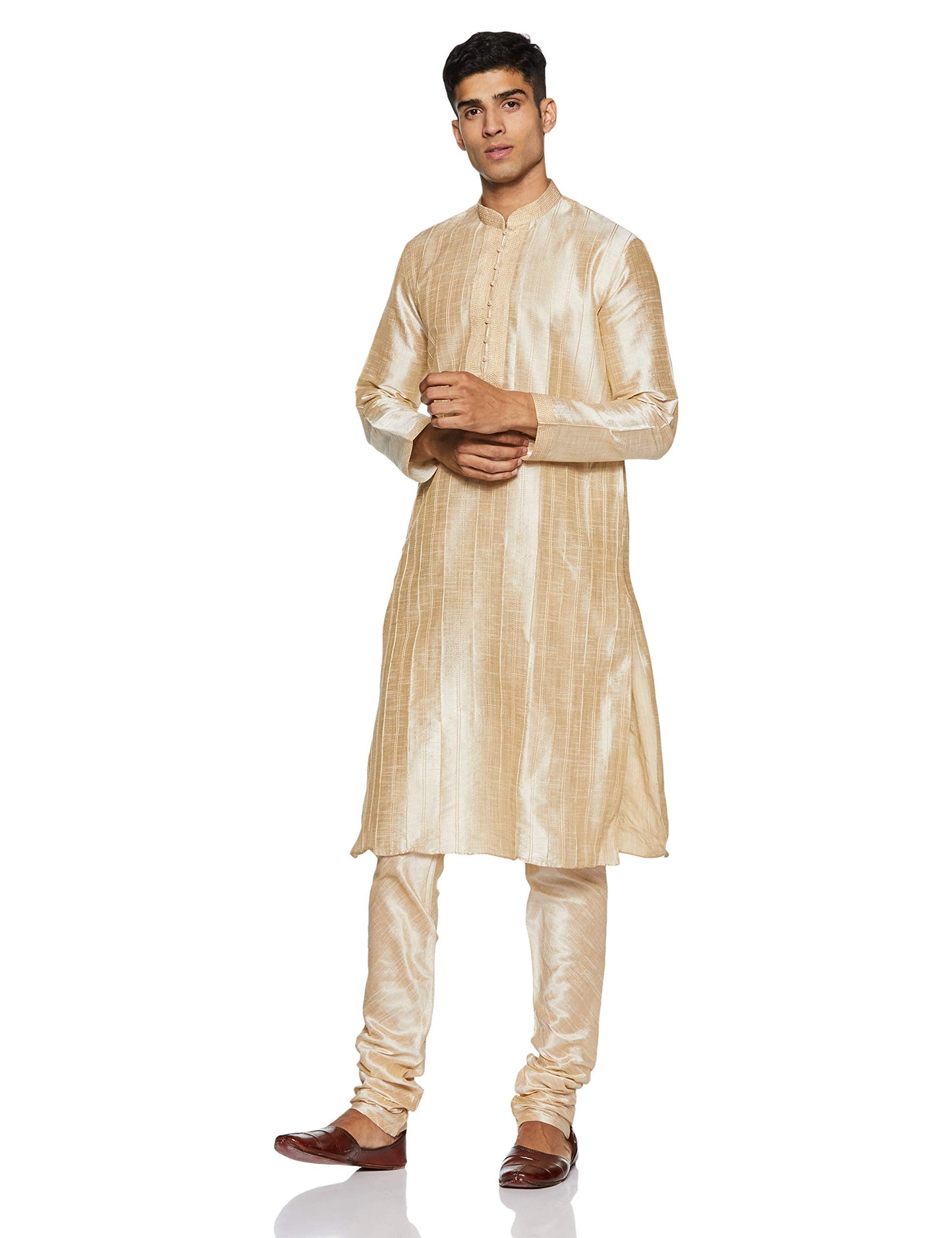 Manyavar Men's Full Sleeve Blended Solid Kurta & Churidar Set, Cream - Small (S952156-311)