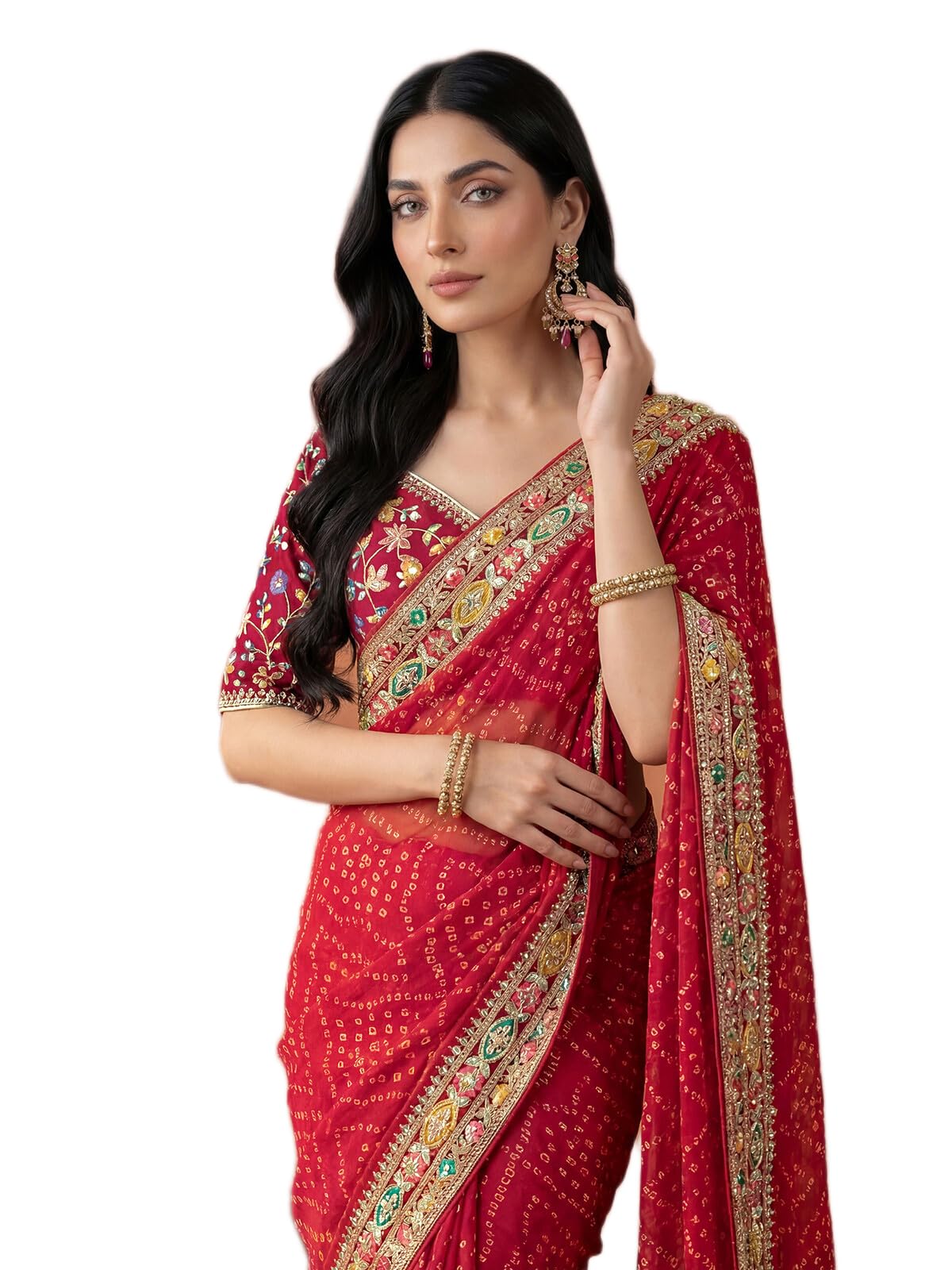 SIRIL Women's Georgette Sequin Embroidery Bandhani Printed Saree with Unstitched Blouse Piece (4486S556AA_Red)