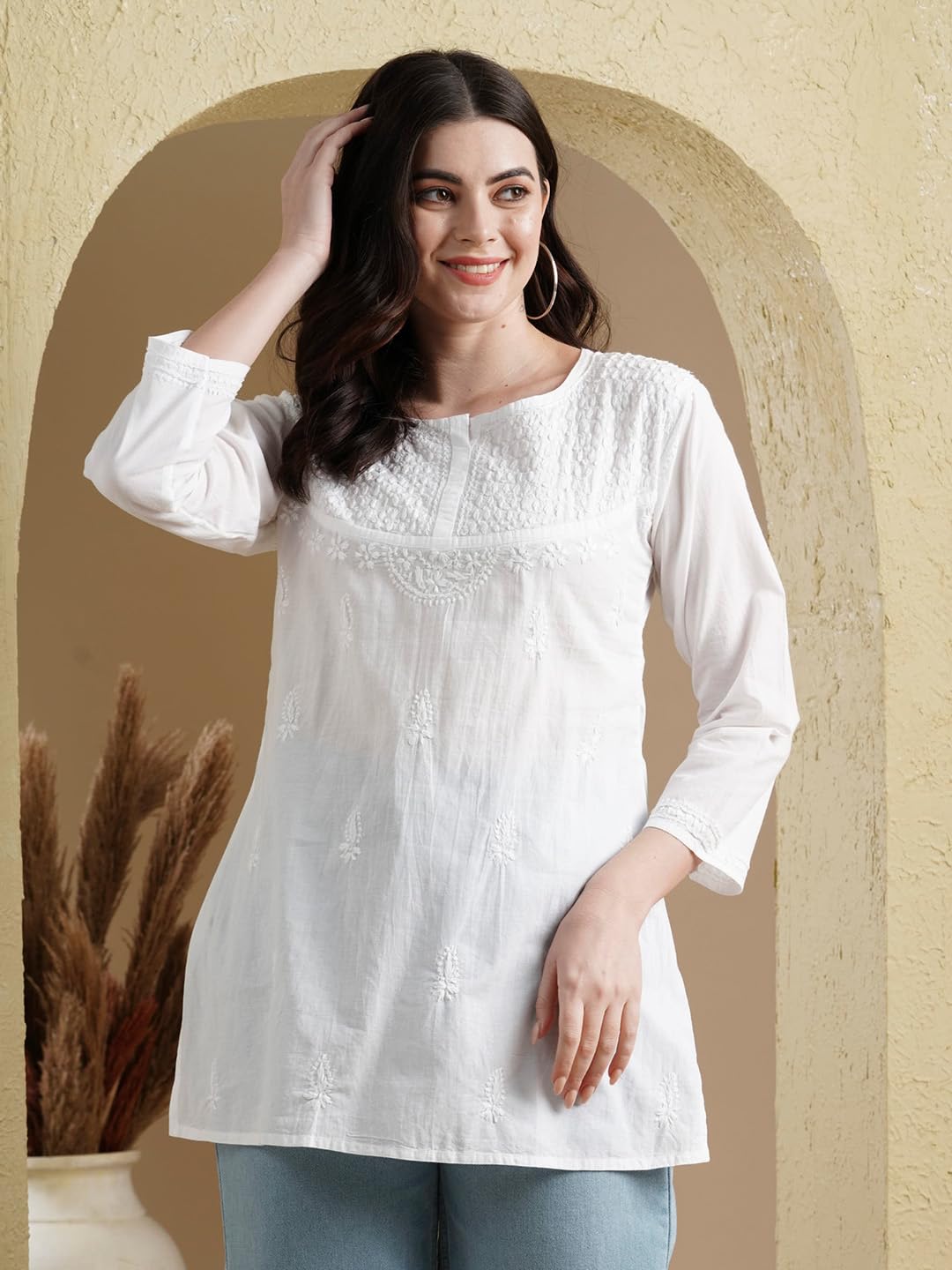 Ada Hand Embroidered Lucknow Chikankari Straight White Cotton Top Tunic Kurti for Women A296140 (6XL)