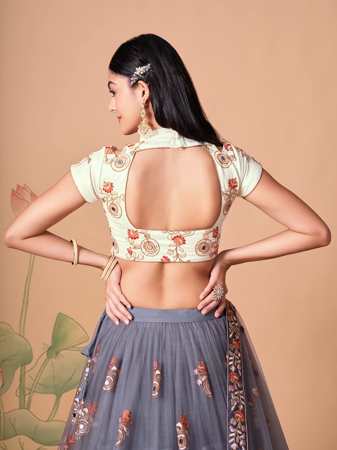 Zeel Clothing Women's Net Embroidered Semi-Stitched Bridal New Lehenga Choli with Dupatta (7321-Grey-Wedding-Bridal-Latest-Lehenga; Free Size) (Grey)