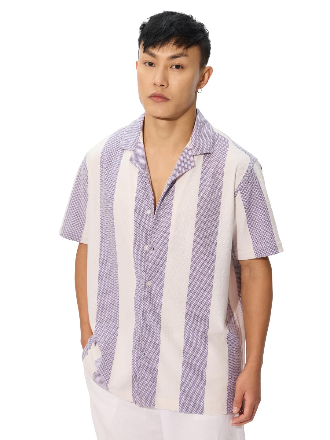 The Souled Store Popcorn Stripes: Lavender Frost Men and Boys Long Sleeve Collared Neck Button Down Cotton Textured Shirts for Men