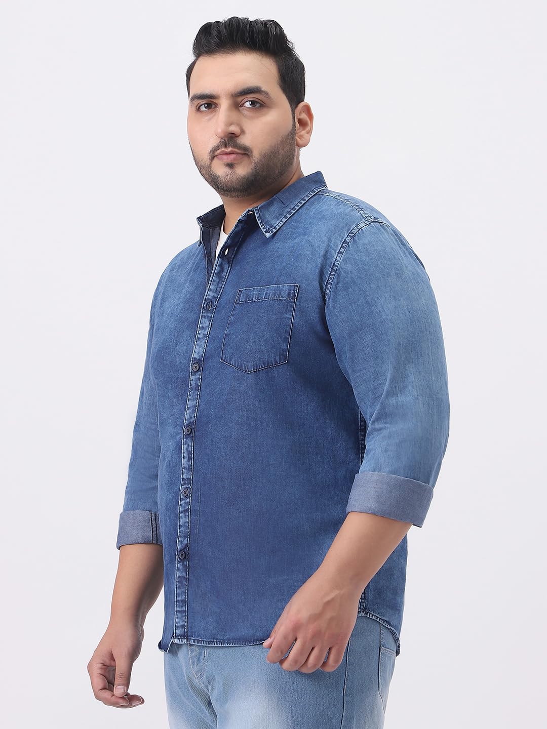 Urbano Plus Men's Blue Regular Fit Full Sleeve Washed Denim Shirt (plusshirtdentowlp-02-mblue-4xl)