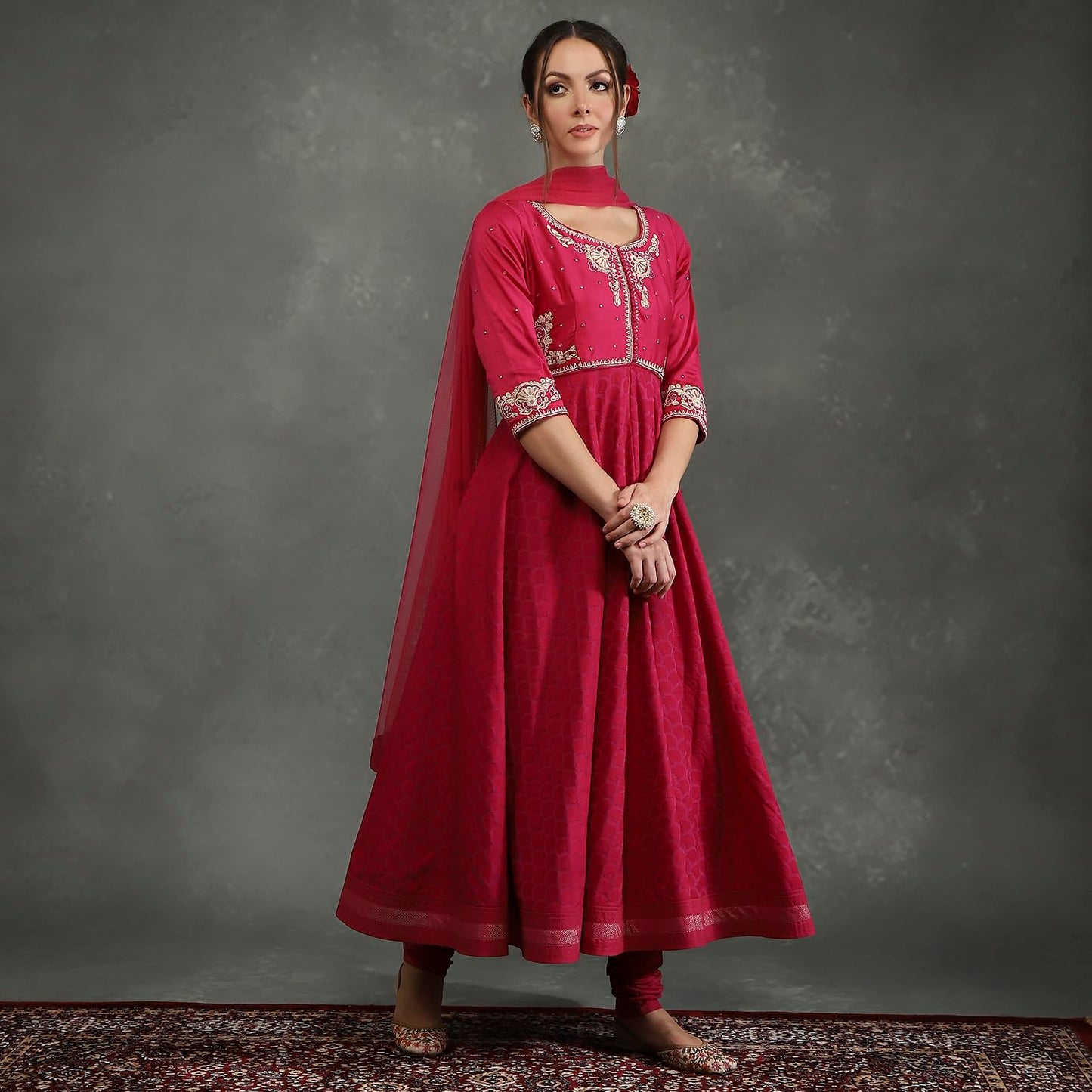 BIBA Women's Silk Chanderi Kurta Sets (CKD10745AW24FUS_Pink