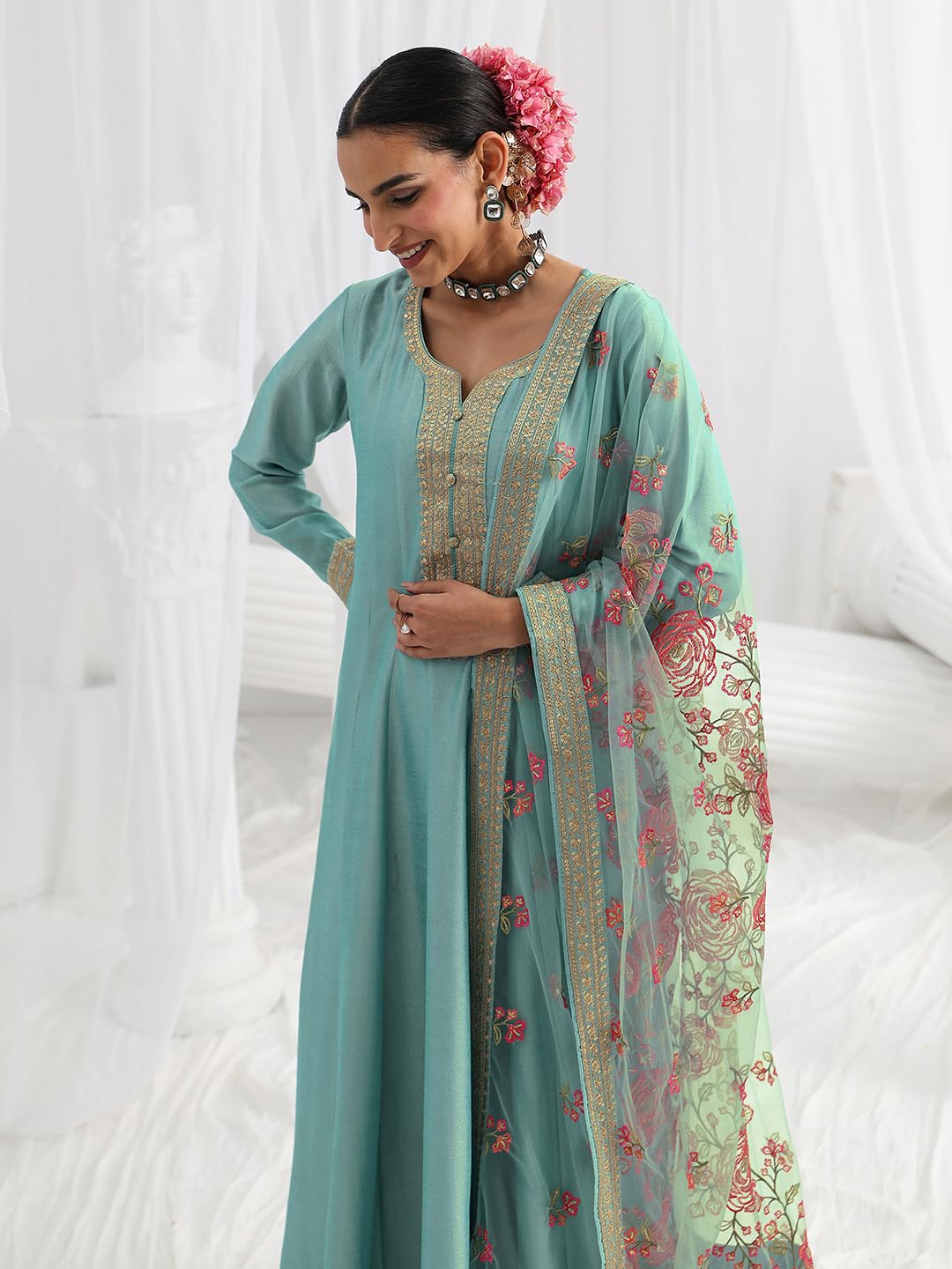 Libas Embroidered Silk Blend A-Line Ethnic Dress with Dupatta-93637L
