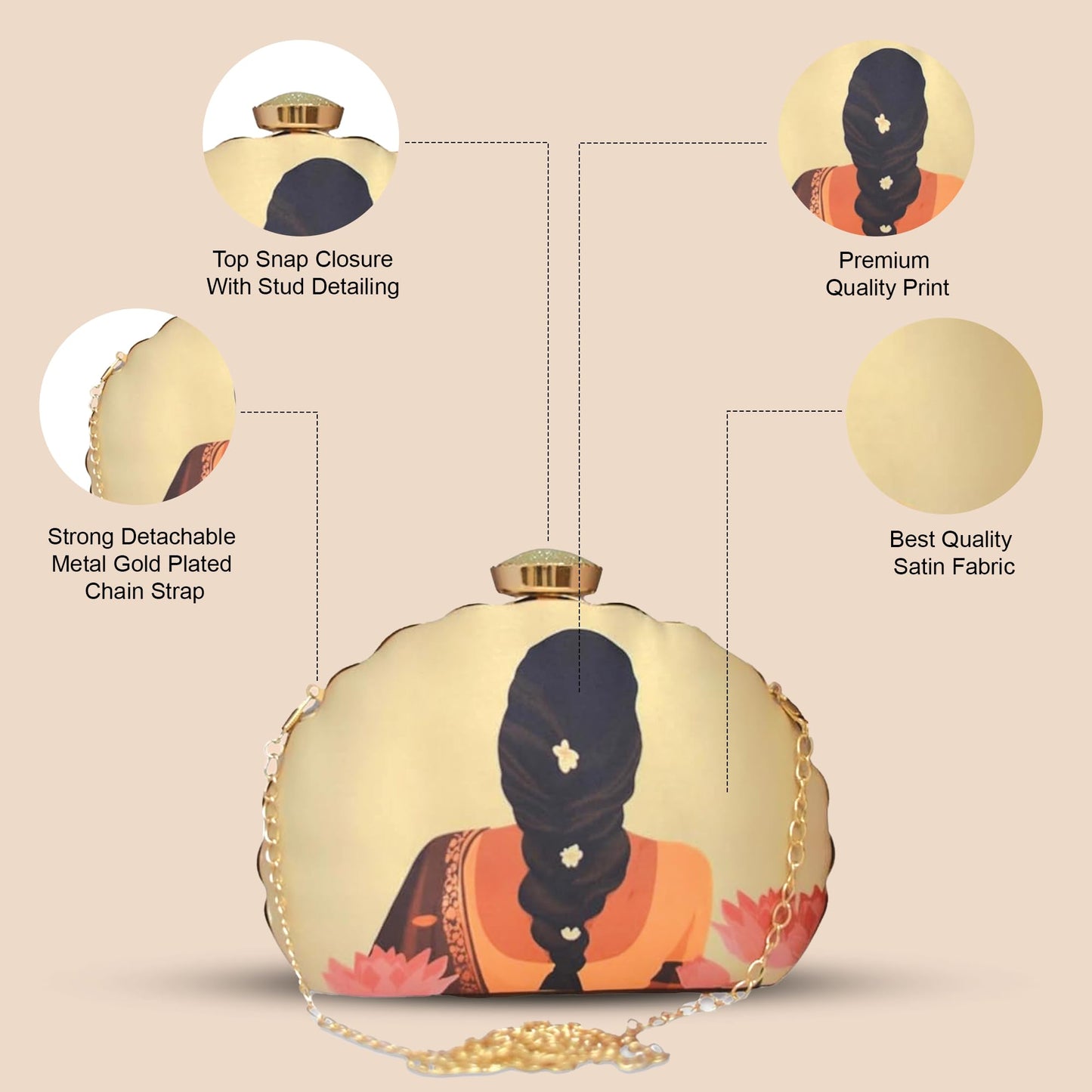 Artklim D - Shaped Flower Lady Printed Festival, Wedding Clutch Bag For Women With Detachable Chain Sling Strap | Purse for Navratri | Clutches for Navratri | Bags