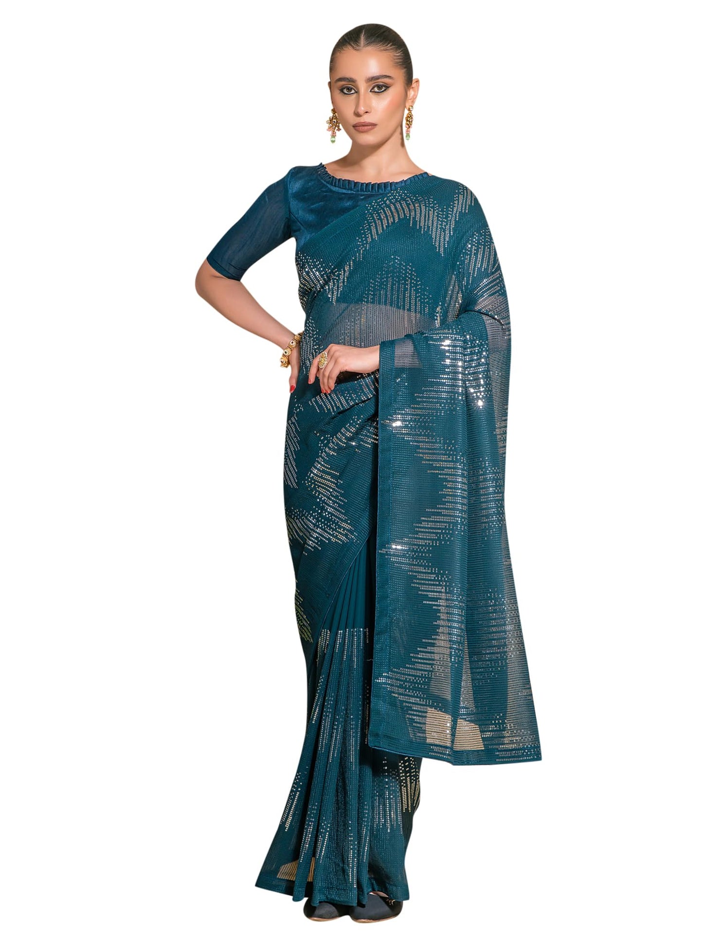 AKHILAM Women's Georgette Teal blue Embellished Designer Saree With Blouse Piece (FNCSQUNC229_VP)