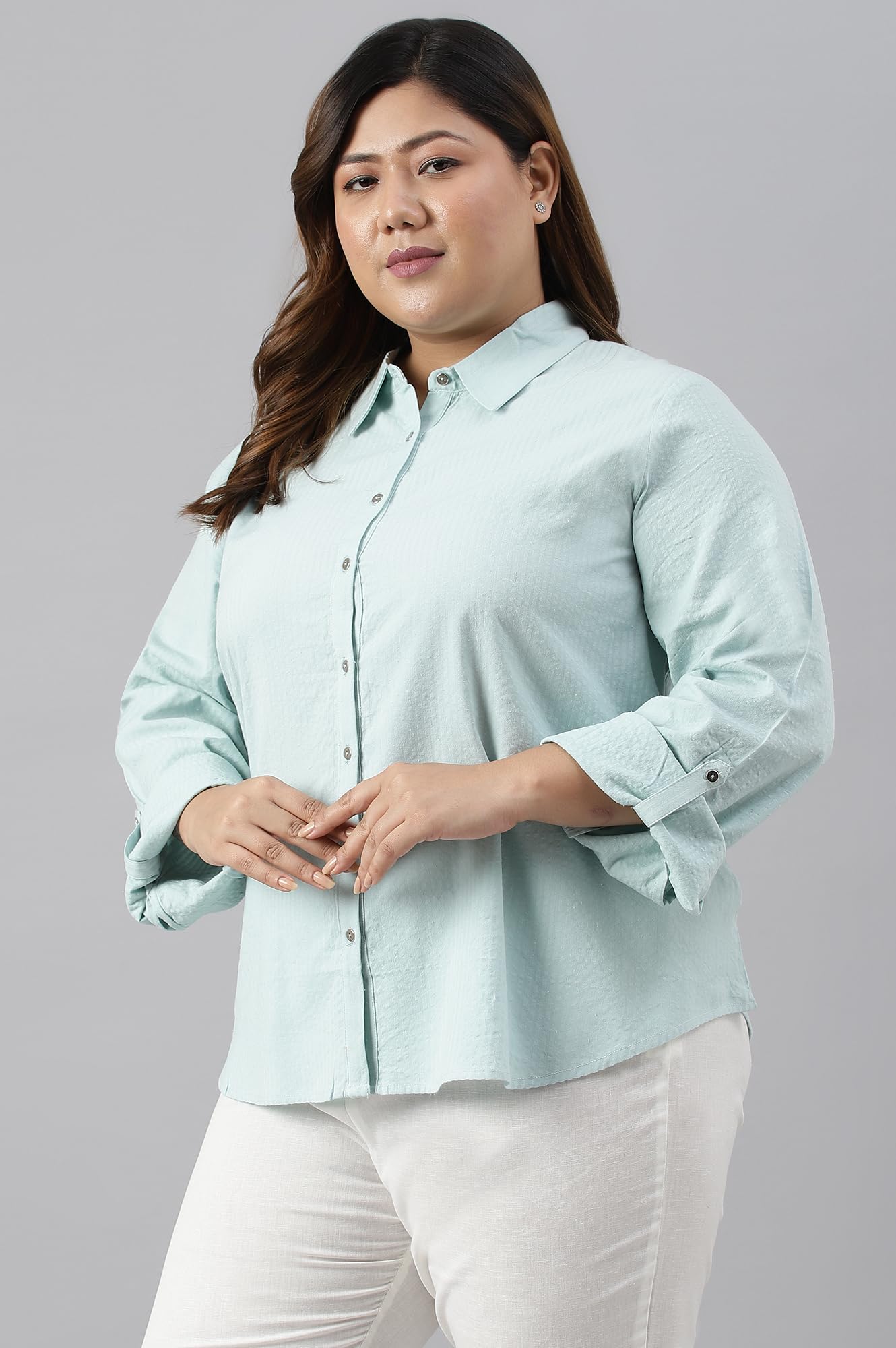 W for Woman Light Blue Western Buton-Down Plus Size Top_23FEW31250G-312294_5XL