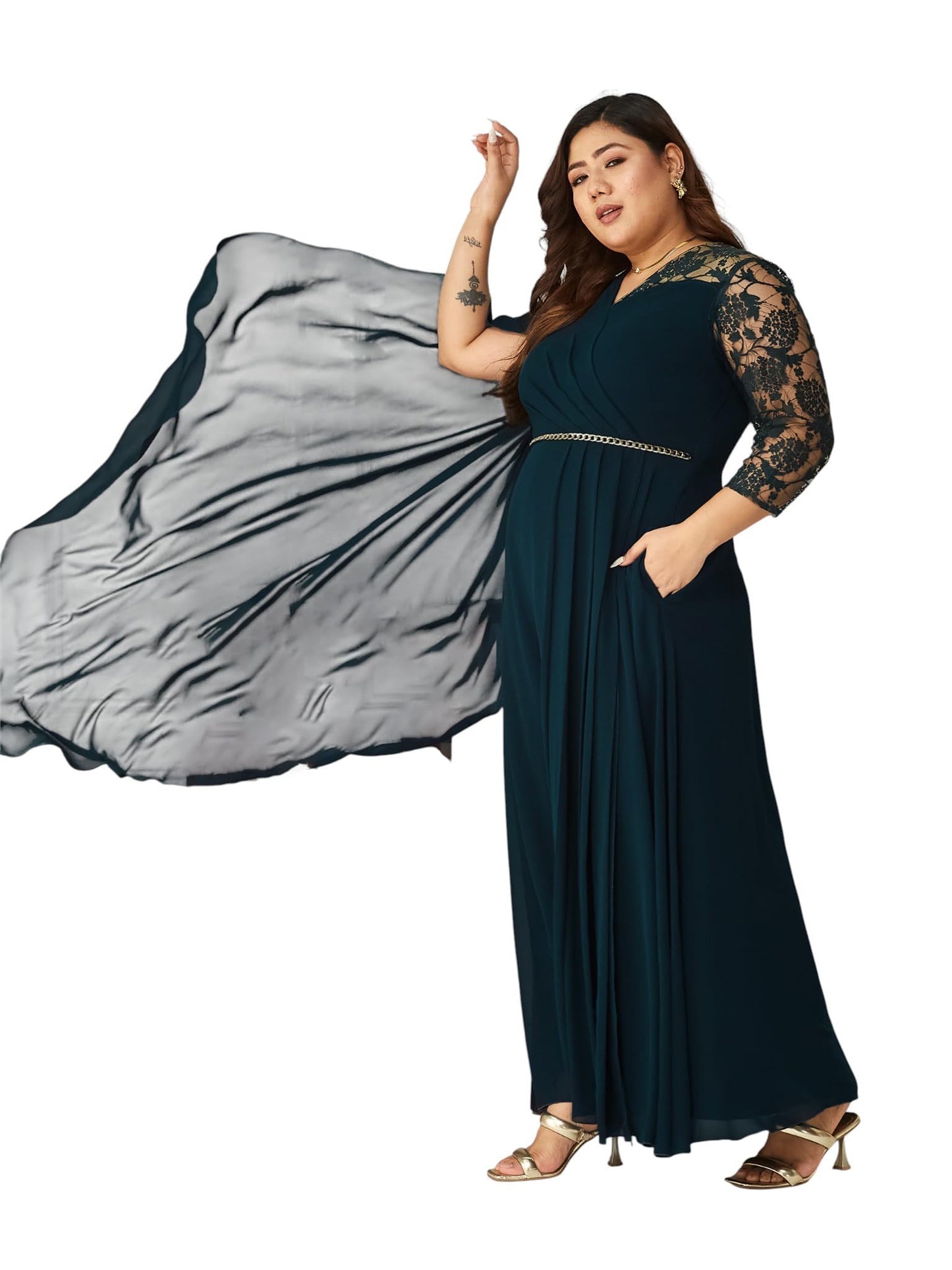 Miss Chase A+ Women's V-Neck Asymmetric Self-Designed Maxi Dress (APSS21D14-67-681-06, Tropical Teal, XL)