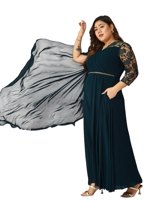 Miss Chase A+ Women's V-Neck Asymmetric Self-Designed Maxi Dress (APSS21D14-67-681-06, Tropical Teal, XL)