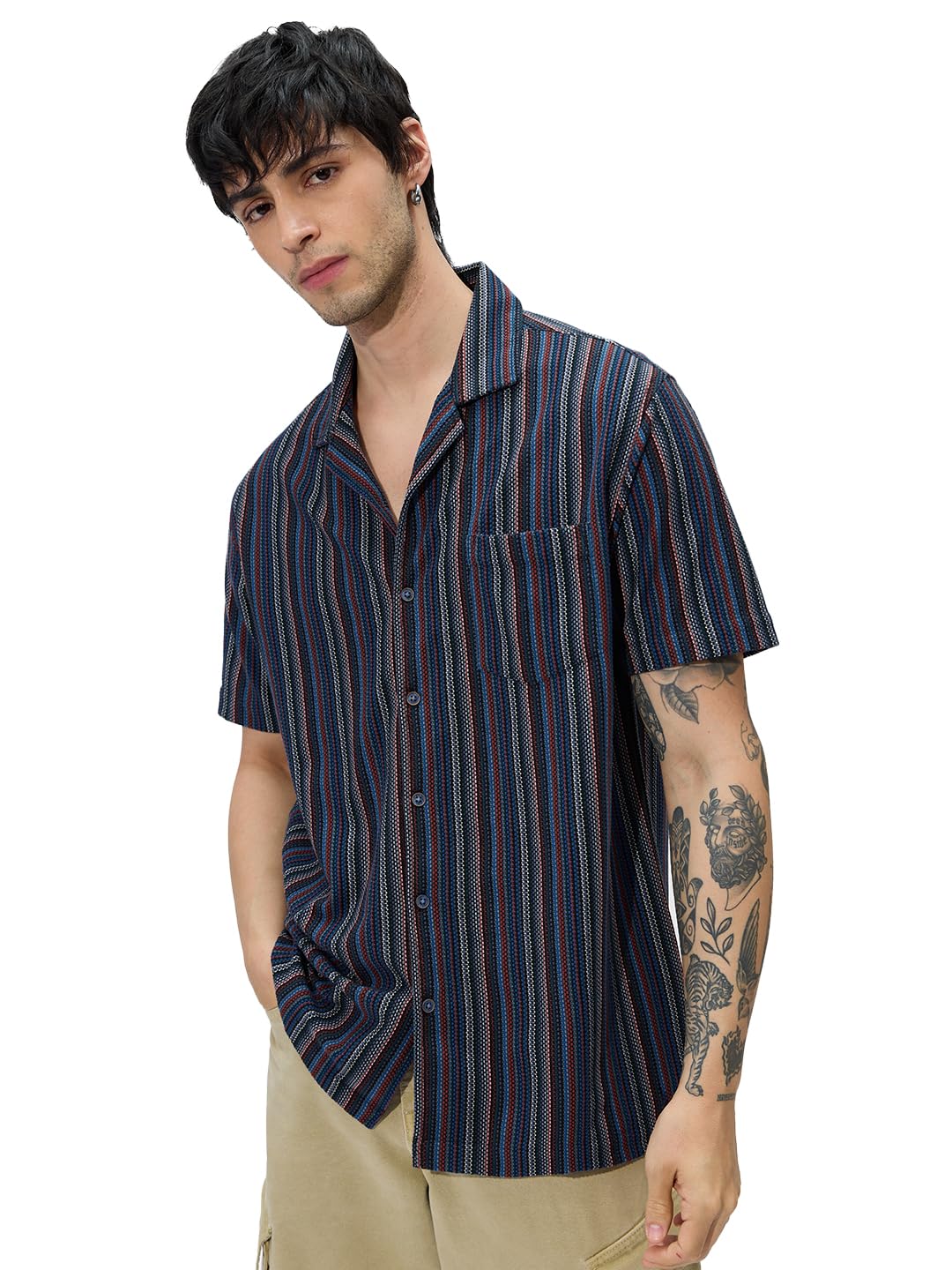 The Souled Store Stripes: Blue, Green, Yellow Men and Boys Short Sleeves Collared Neck Button Front Cotton Blend Regular Fit Textured Shirts