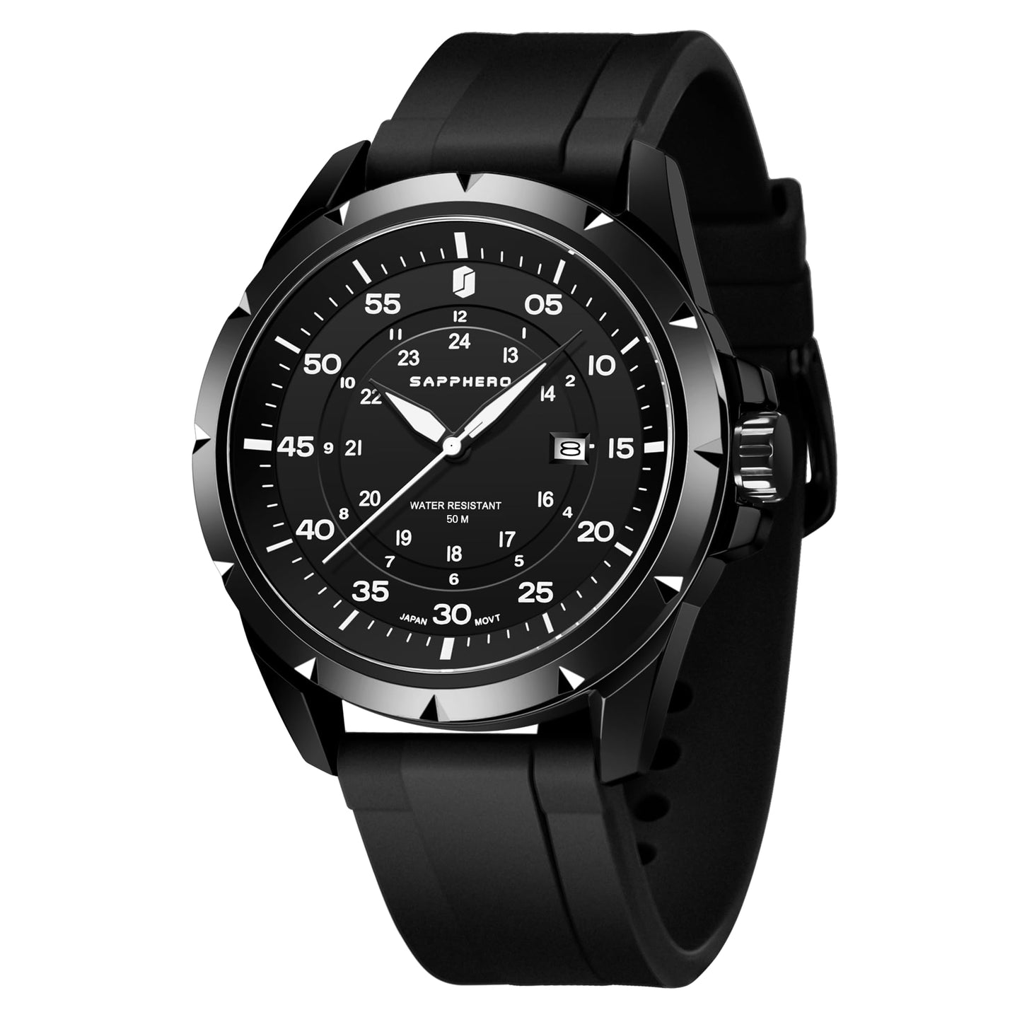 SAPPHERO Round Stainless Steel Watch for Men, 50M Waterproof Luminous Stylish Mens Gift Wristwatch with Date Display and Analog Quartz Design, Black Black White
